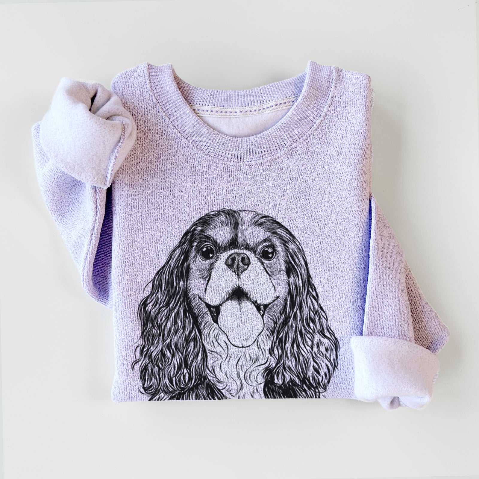 Hand-drawn sketch of Brandy the Cavalier King Charles Spaniel on an Ice Purple knit sweatshirt