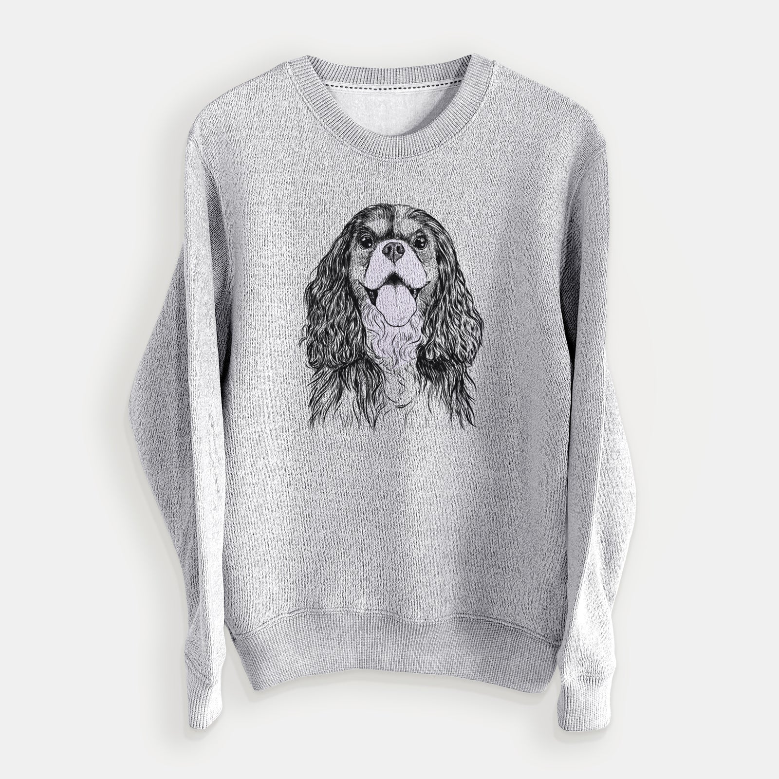 Hand-drawn sketch of Brandy the Cavalier King Charles Spaniel on a Salt Pepper knit sweatshirt