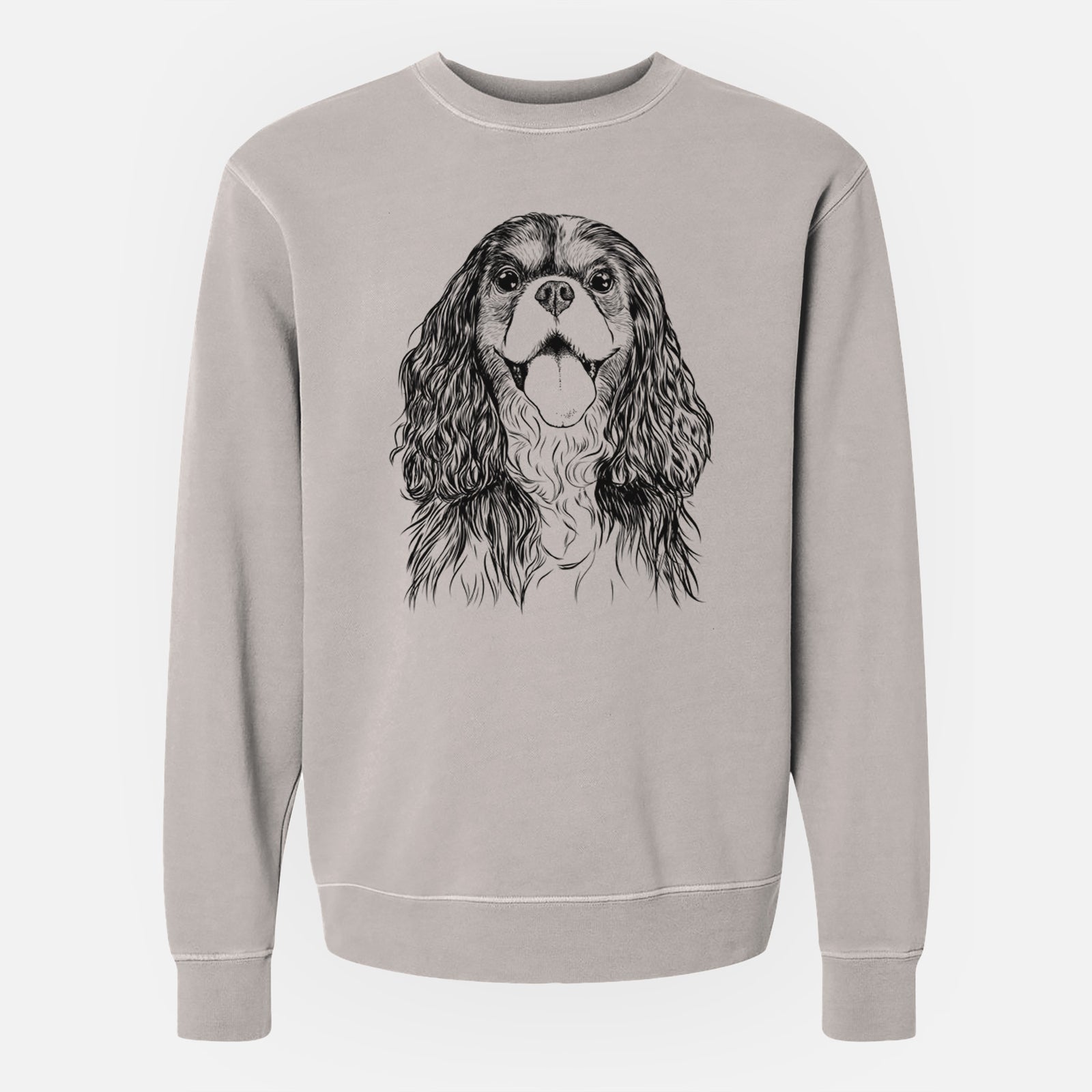 Hand-drawn sketch of Brandy the Cavalier King Charles Spaniel on a Cement Unisex pigment dyed crew sweatshirt