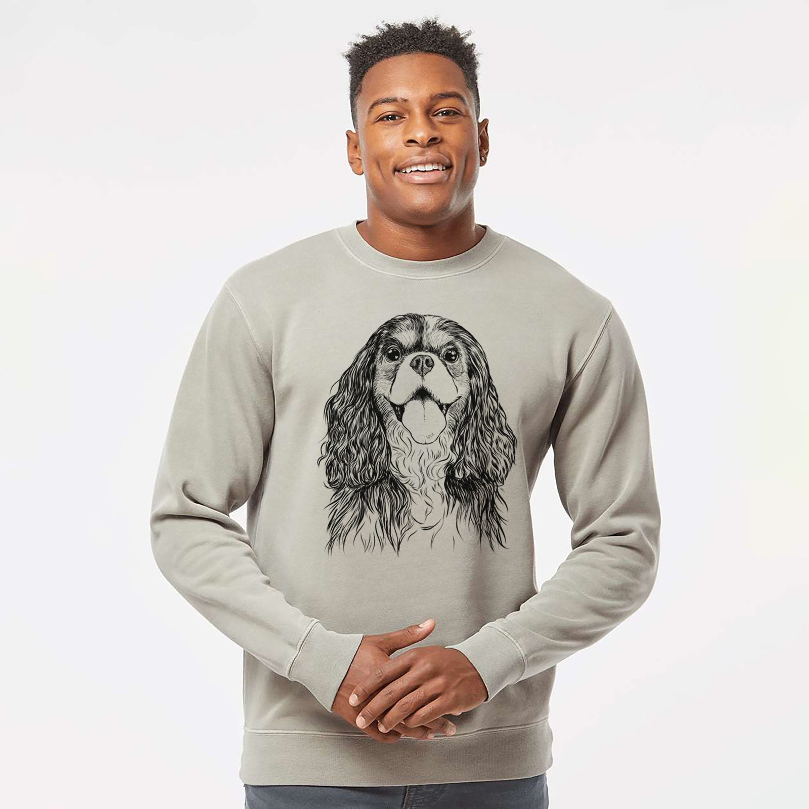 Hand-drawn sketch of Brandy the Cavalier King Charles Spaniel on a Cement Unisex pigment dyed crew sweatshirt