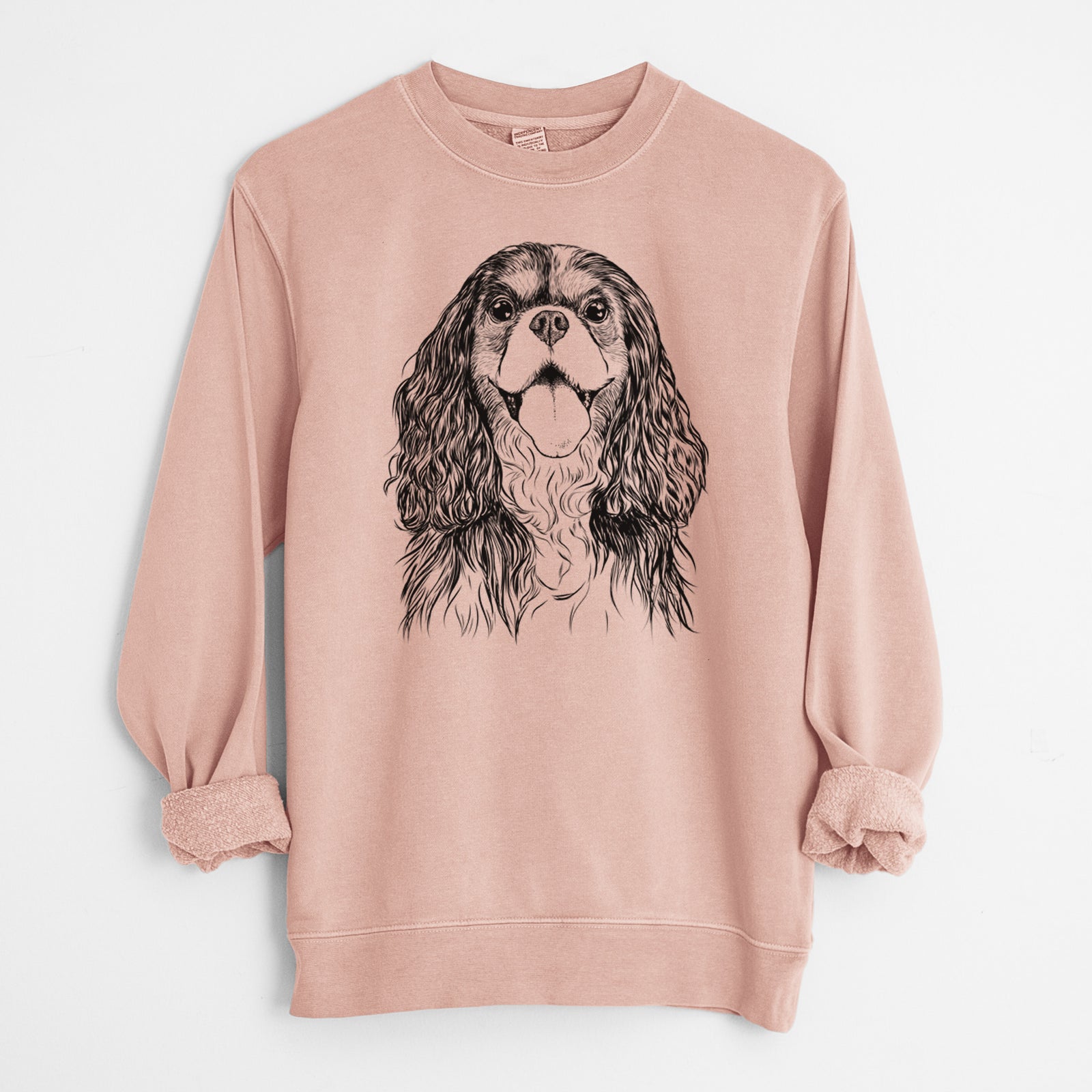 Hand-drawn sketch of Brandy the Cavalier King Charles Spaniel on a Dusty Pink Unisex pigment dyed crew sweatshirt