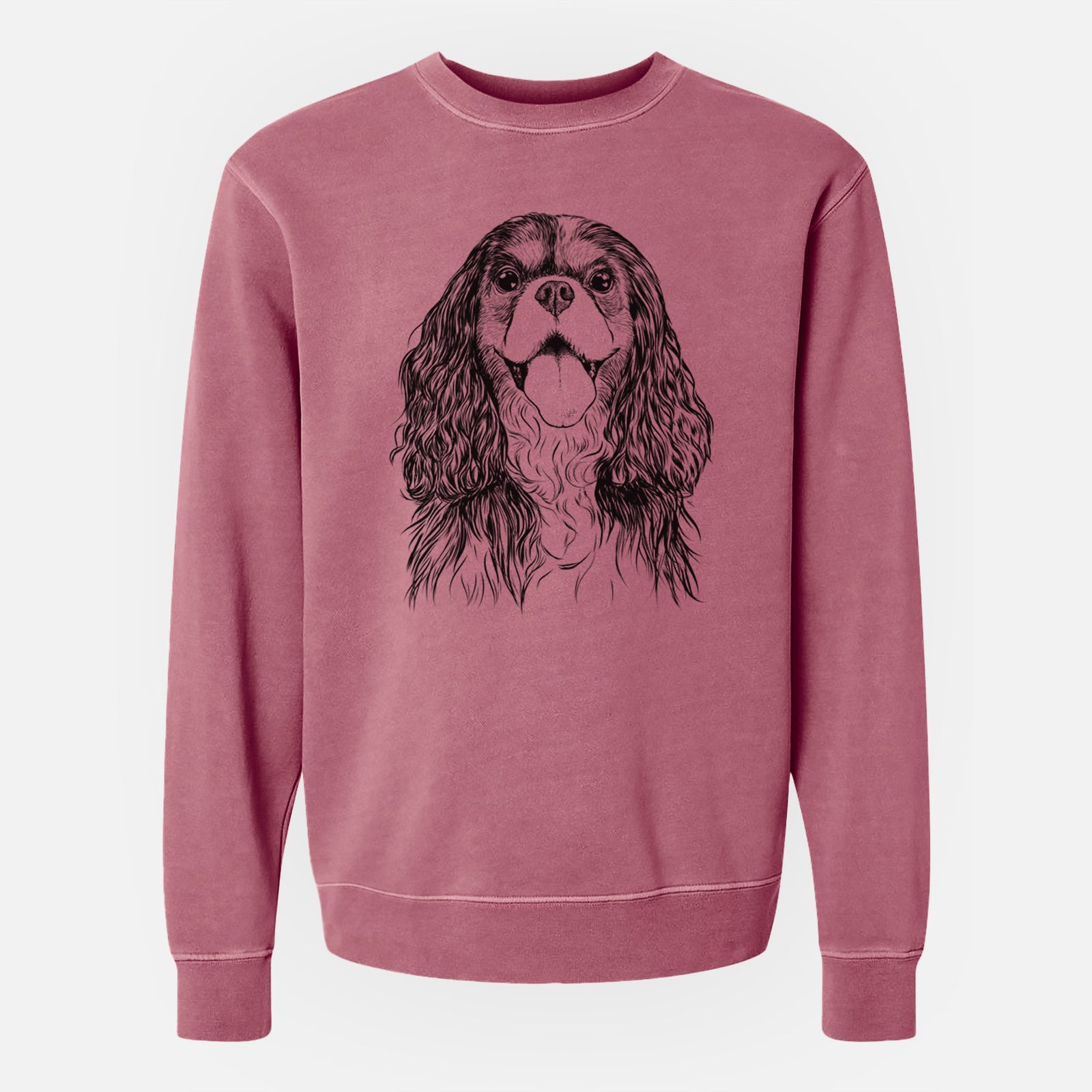 Hand-drawn sketch of Brandy the Cavalier King Charles Spaniel on a Maroon Unisex pigment dyed crew sweatshirt