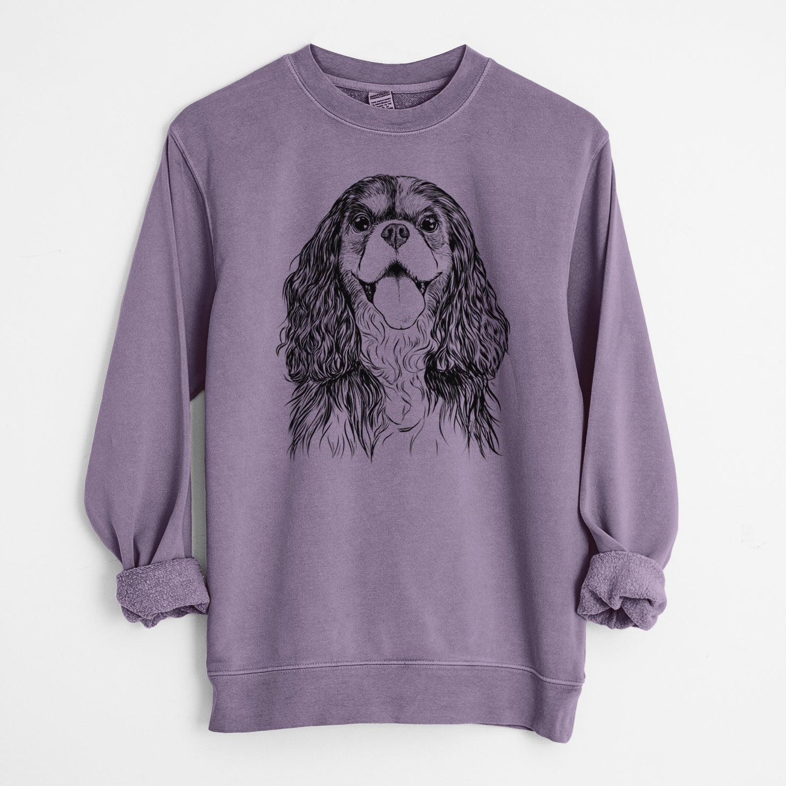 Hand-drawn sketch of Brandy the Cavalier King Charles Spaniel on a Plum Unisex pigment dyed crew sweatshirt