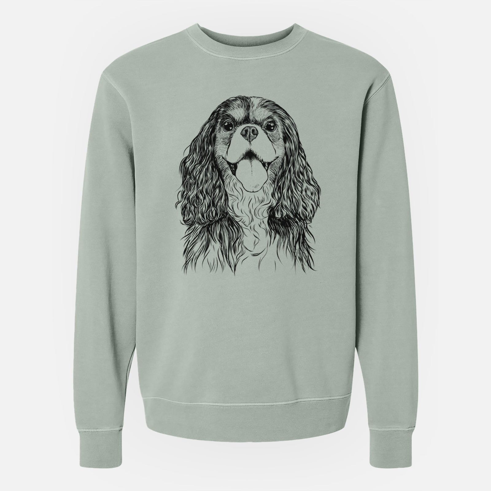 Hand-drawn sketch of Brandy the Cavalier King Charles Spaniel on a Sage Unisex pigment dyed crew sweatshirt