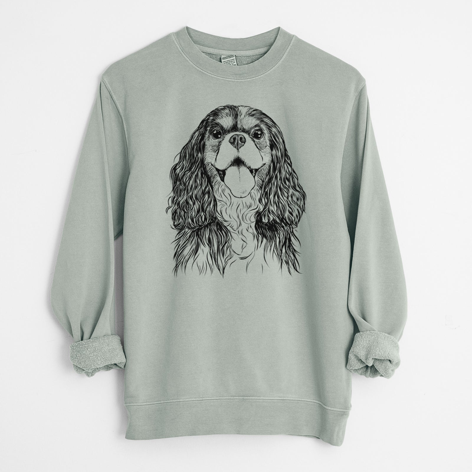 Hand-drawn sketch of Brandy the Cavalier King Charles Spaniel on a Sage Unisex pigment dyed crew sweatshirt