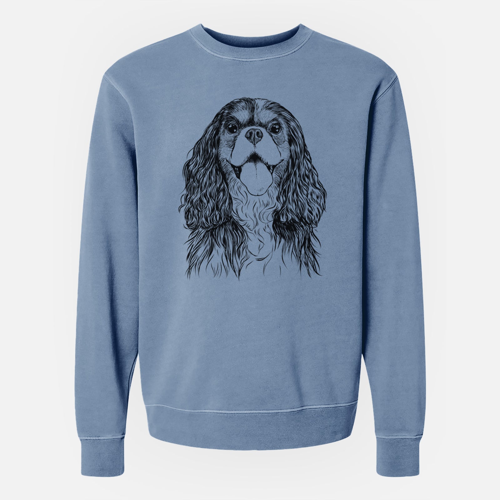 Hand-drawn sketch of Brandy the Cavalier King Charles Spaniel on a Slate Blue Unisex pigment dyed crew sweatshirt