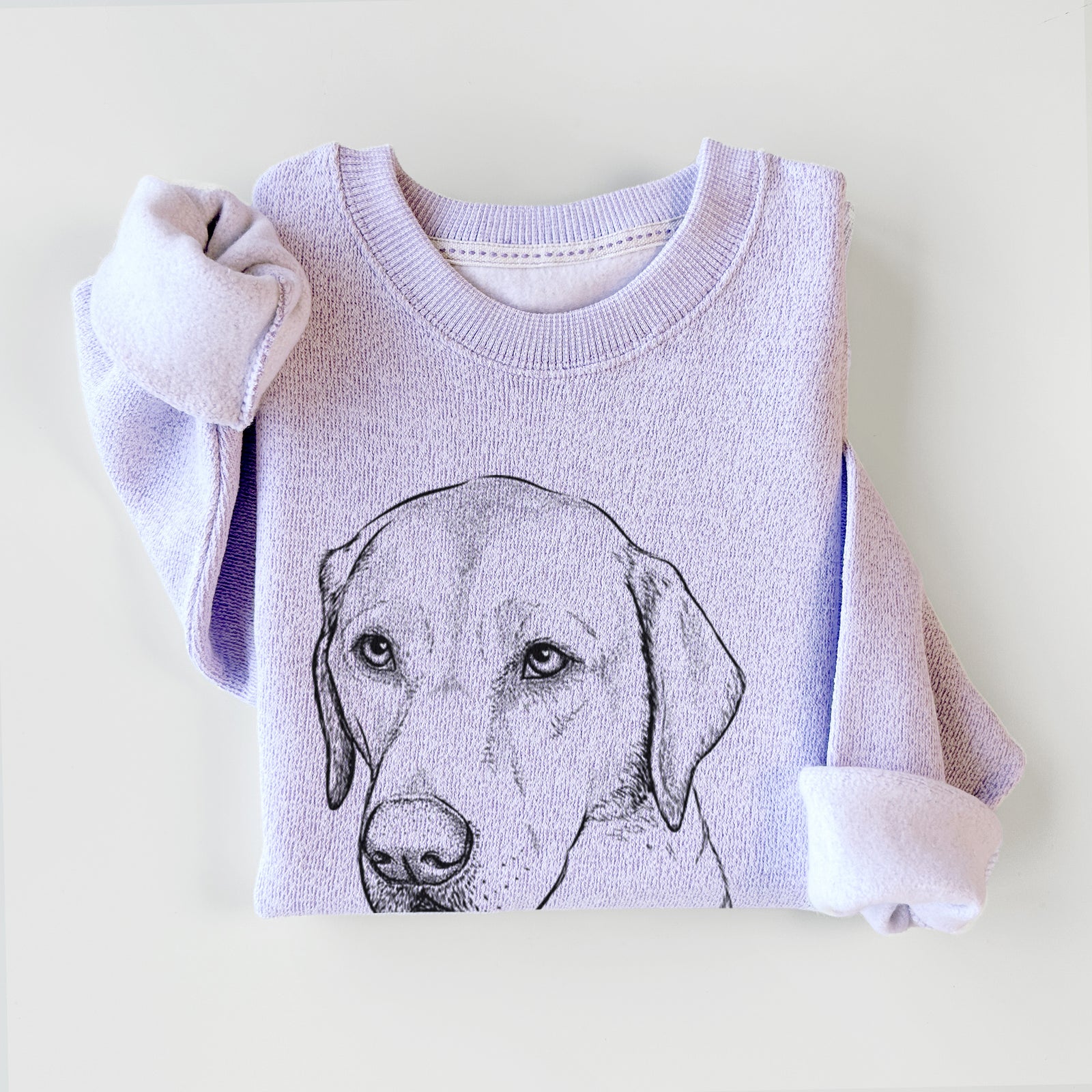 Hand-drawn sketch of Braxton the Yellow Lab on an Ice Purple knit sweatshirt