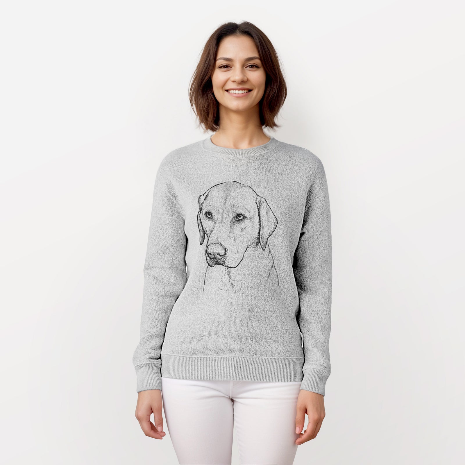 Hand-drawn sketch of Braxton the Yellow Lab on a knit sweatshirt, worn by a woman