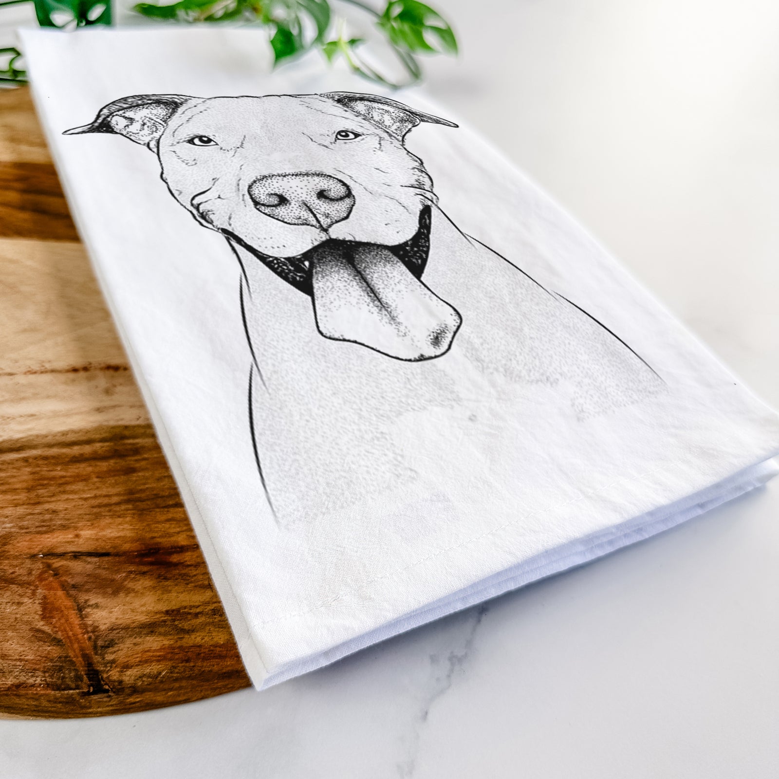 Hand-drawn sketch of Bruce the American Staffordshire Terrier on a tea towel