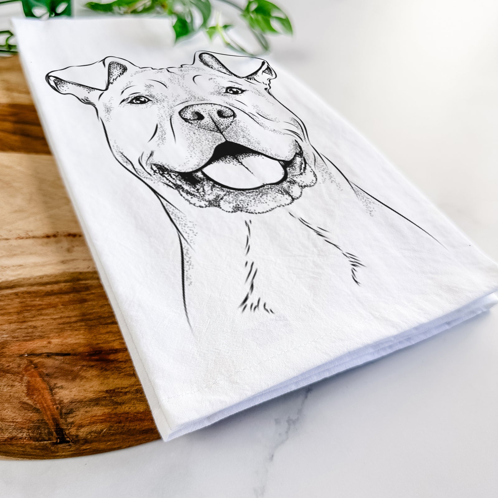 Hand-drawn sketch of Bubba Scraps the American Staffordshire Mix on a tea towel