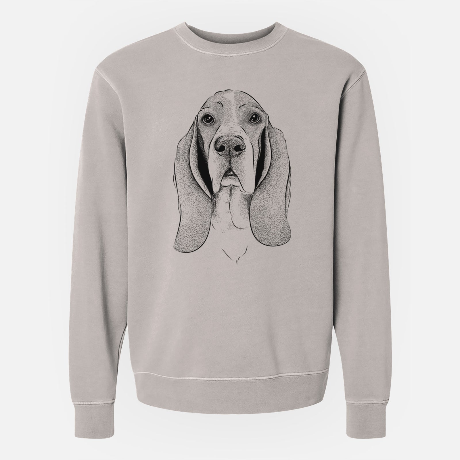 Hand-drawn sketch of Buckley the Basset Hound on a Cement Unisex pigment dyed crew sweatshirt
