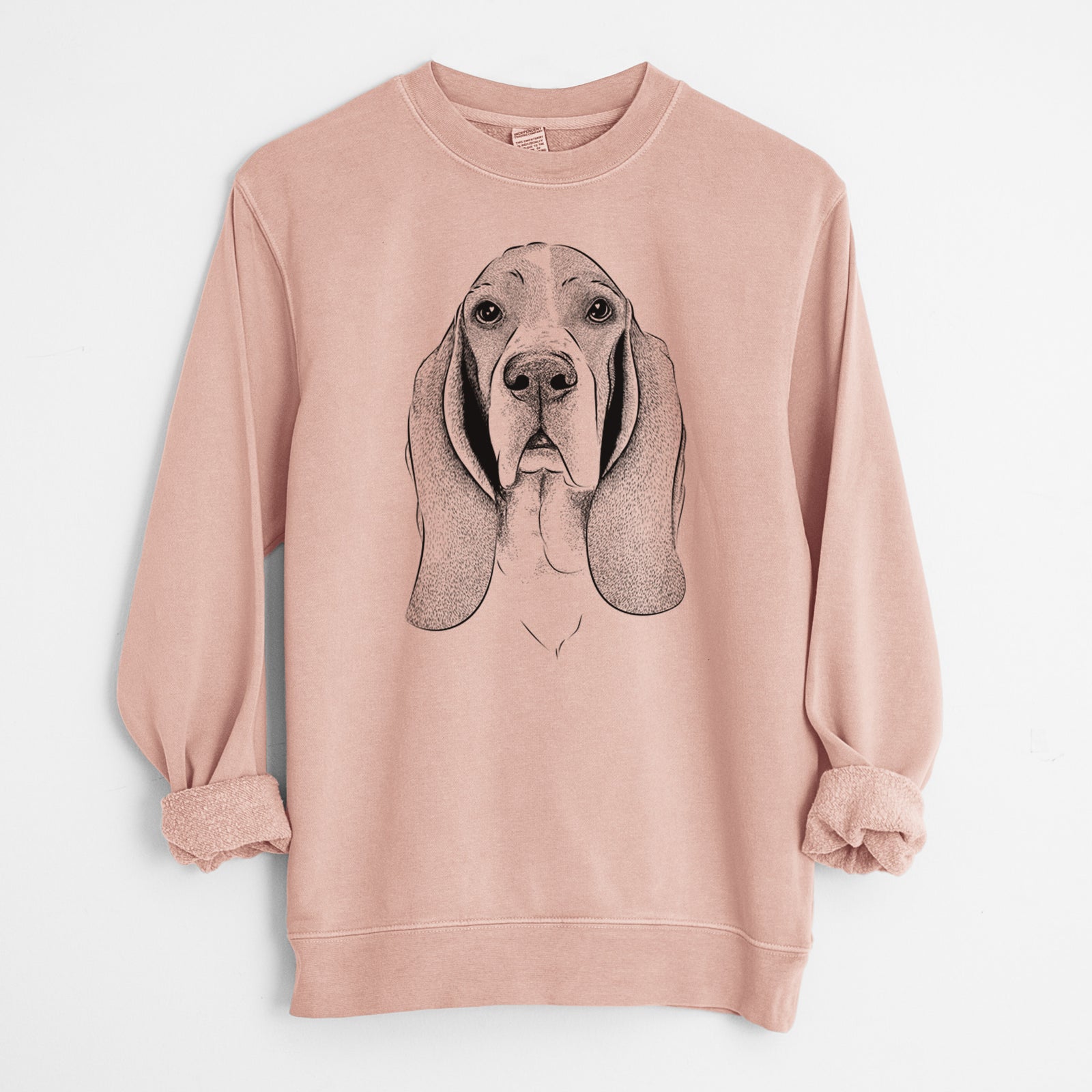 Hand-drawn sketch of Buckley the Basset Hound on a Dusty Pink Unisex pigment dyed crew sweatshirt