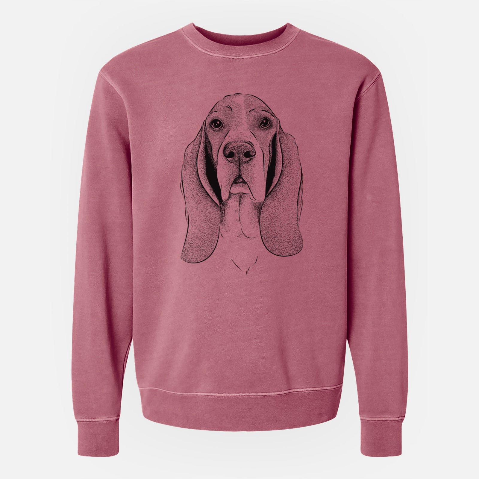 Hand-drawn sketch of Buckley the Basset Hound on a Maroon Unisex pigment dyed crew sweatshirt