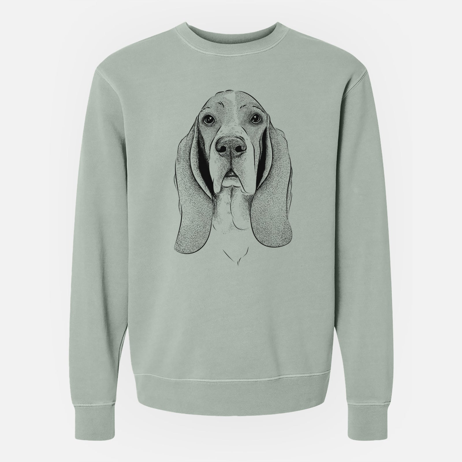 Hand-drawn sketch of Buckley the Basset Hound on a Sage Unisex pigment dyed crew sweatshirt