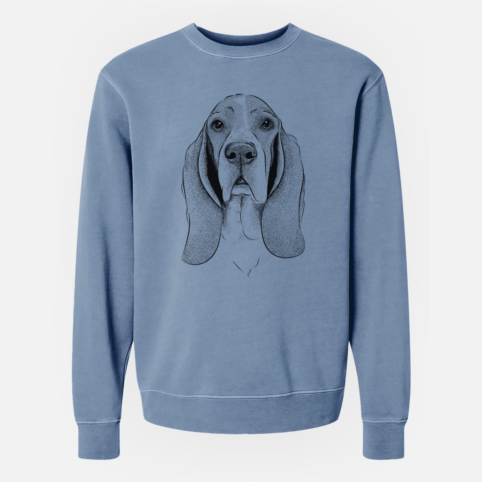 Hand-drawn sketch of Buckley the Basset Hound on a Slate Blue Unisex pigment dyed crew sweatshirt