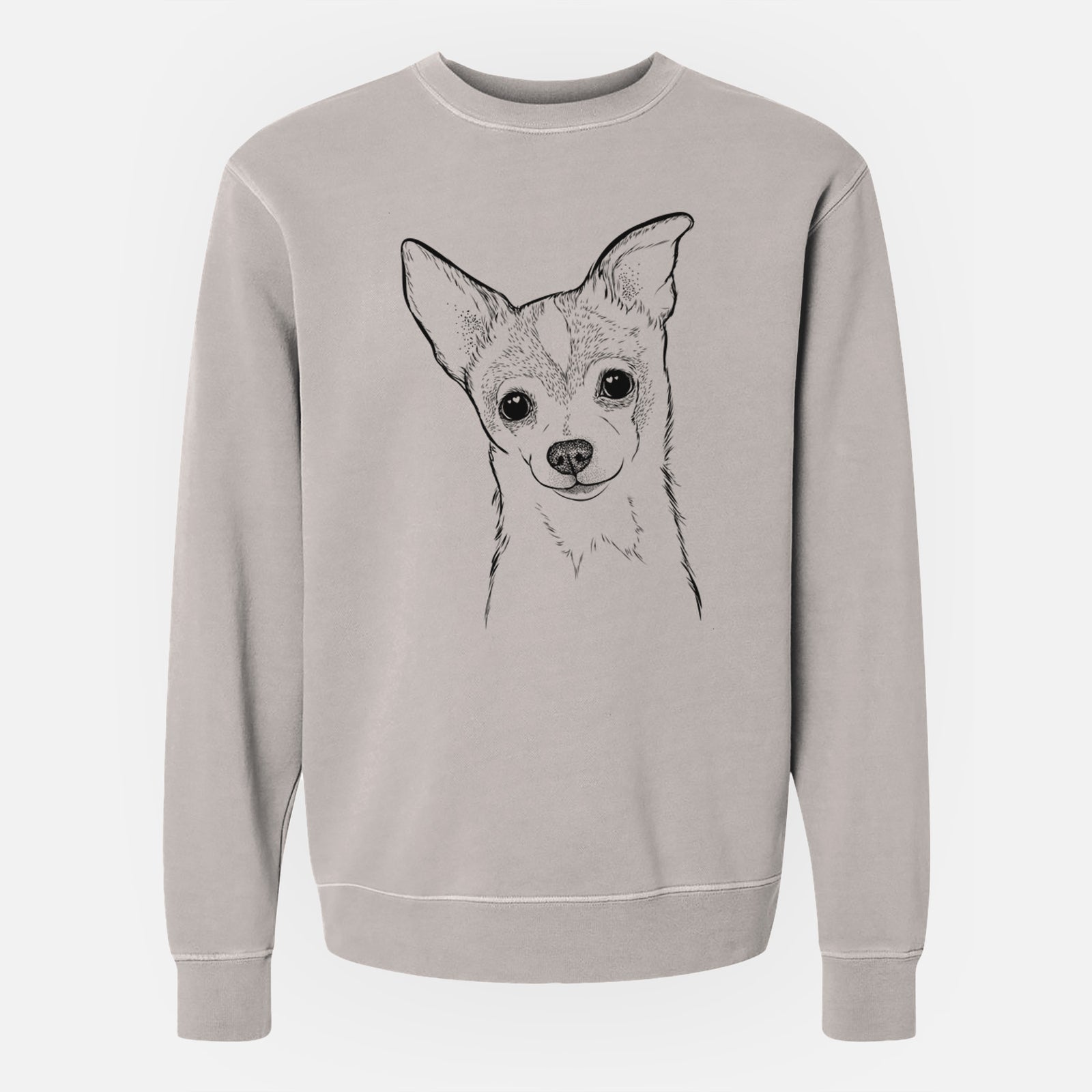 Hand-drawn sketch of Buggy the Chihuahua on a Cement Unisex pigment dyed crew sweatshirt