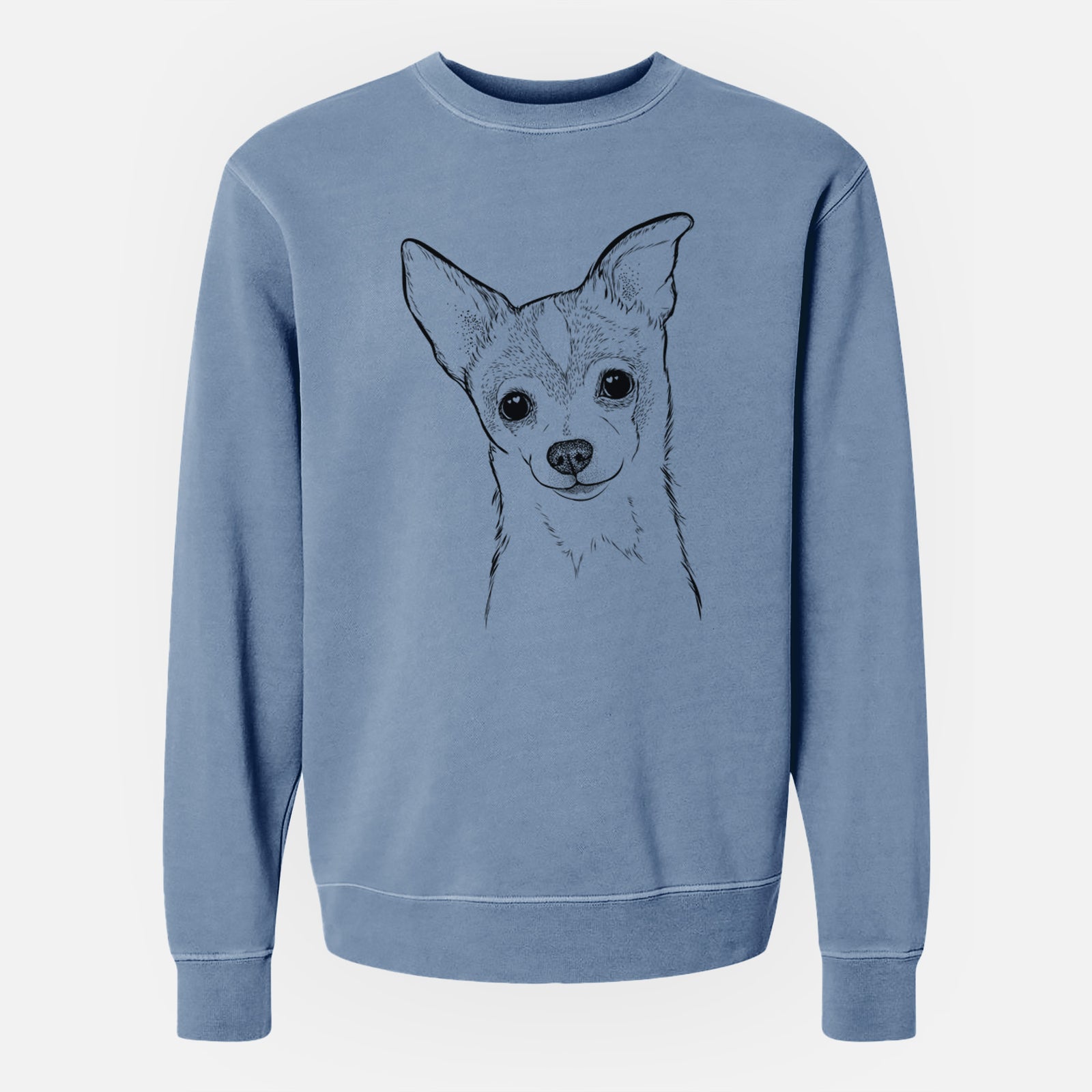Hand-drawn sketch of Buggy the Chihuahua on a Slate Blue Unisex pigment dyed crew sweatshirt