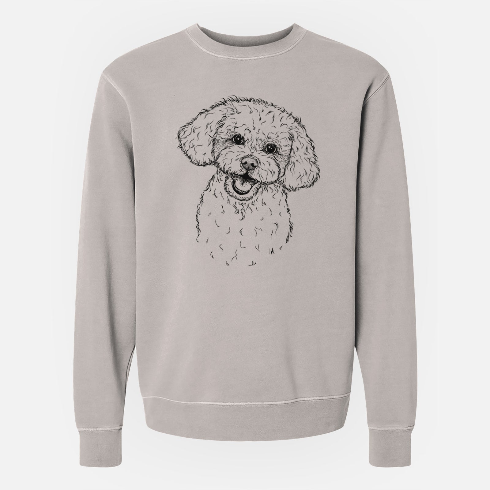 Hand-drawn sketch of Caesar the Bichon Frise on a Cement Unisex pigment dyed crew sweatshirt