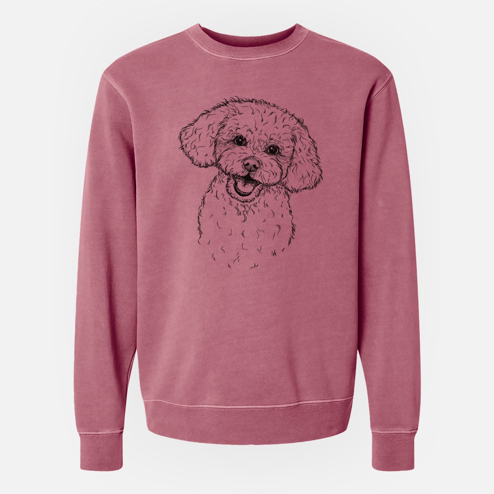 Hand-drawn sketch of Caesar the Bichon Frise on a Maroon Unisex pigment dyed crew sweatshirt