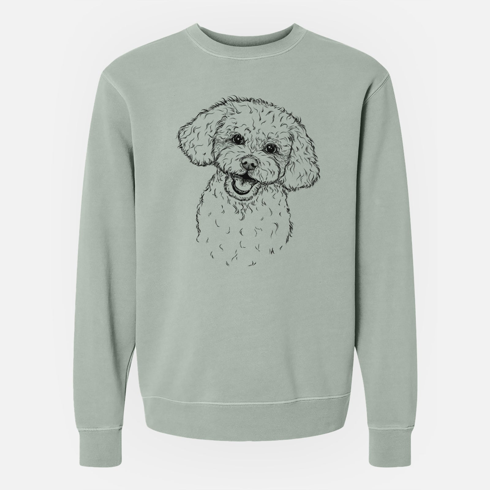 Hand-drawn sketch of Caesar the Bichon Frise on a Sage Unisex pigment dyed crew sweatshirt