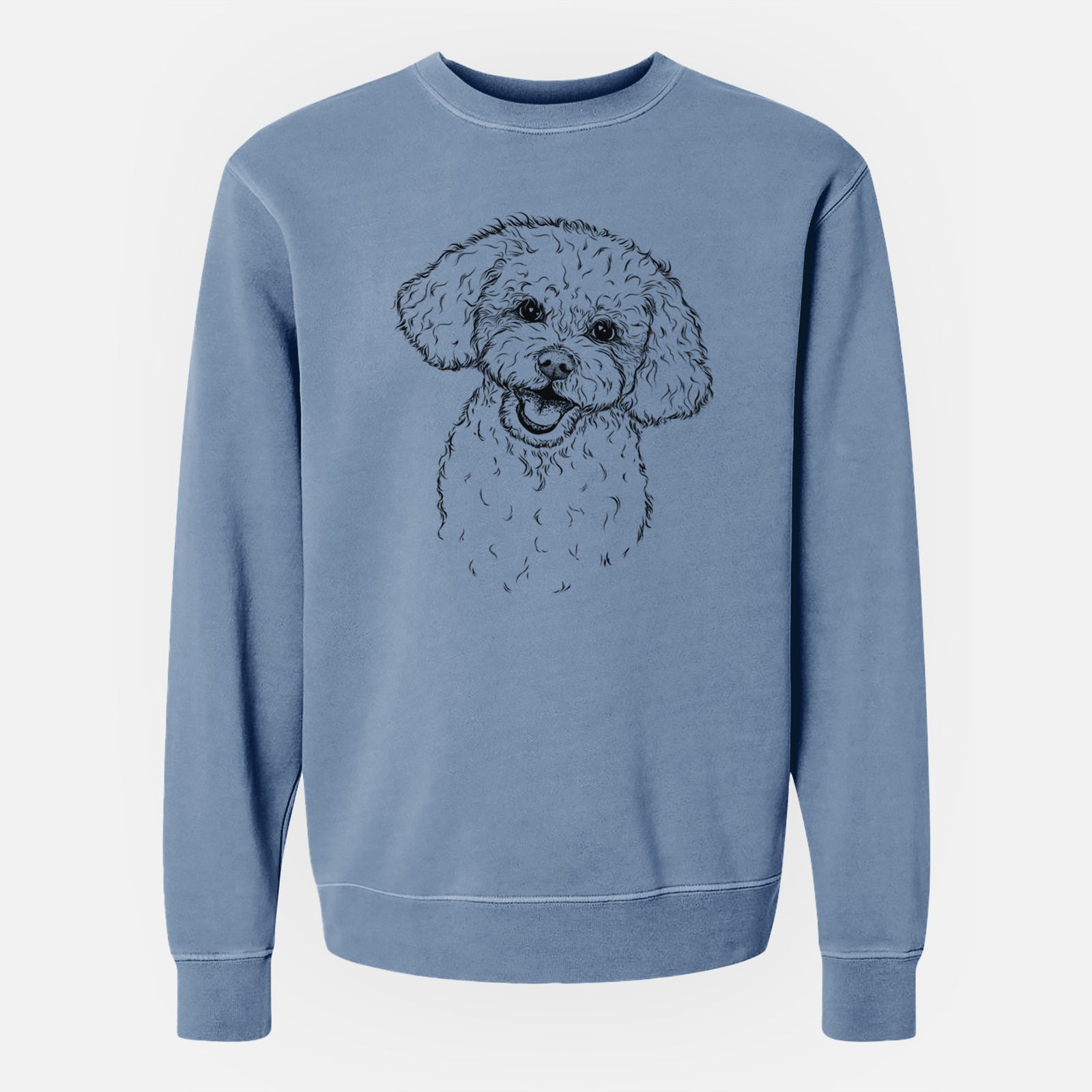 Hand-drawn sketch of Caesar the Bichon Frise on a Slate Blue Unisex pigment dyed crew sweatshirt