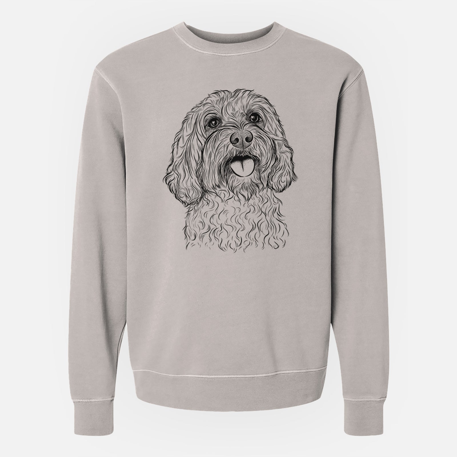 Hand-drawn sketch of Cali the Cavapoo on a Cement Unisex pigment dyed crew sweatshirt