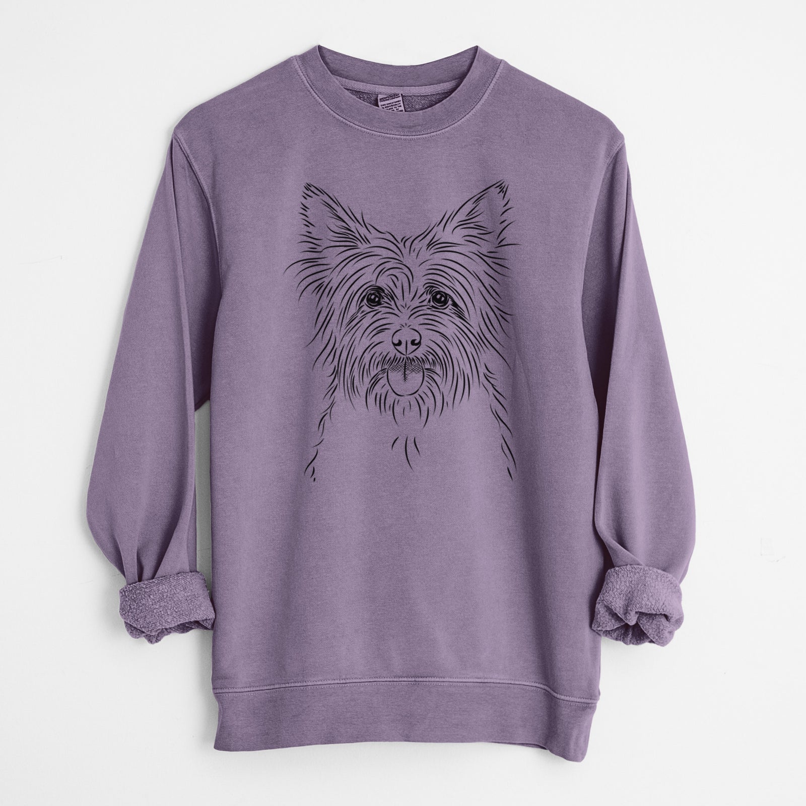 Hand-drawn sketch of Calum the Cairn Terrier on a Plum Unisex pigment dyed crew sweatshirt
