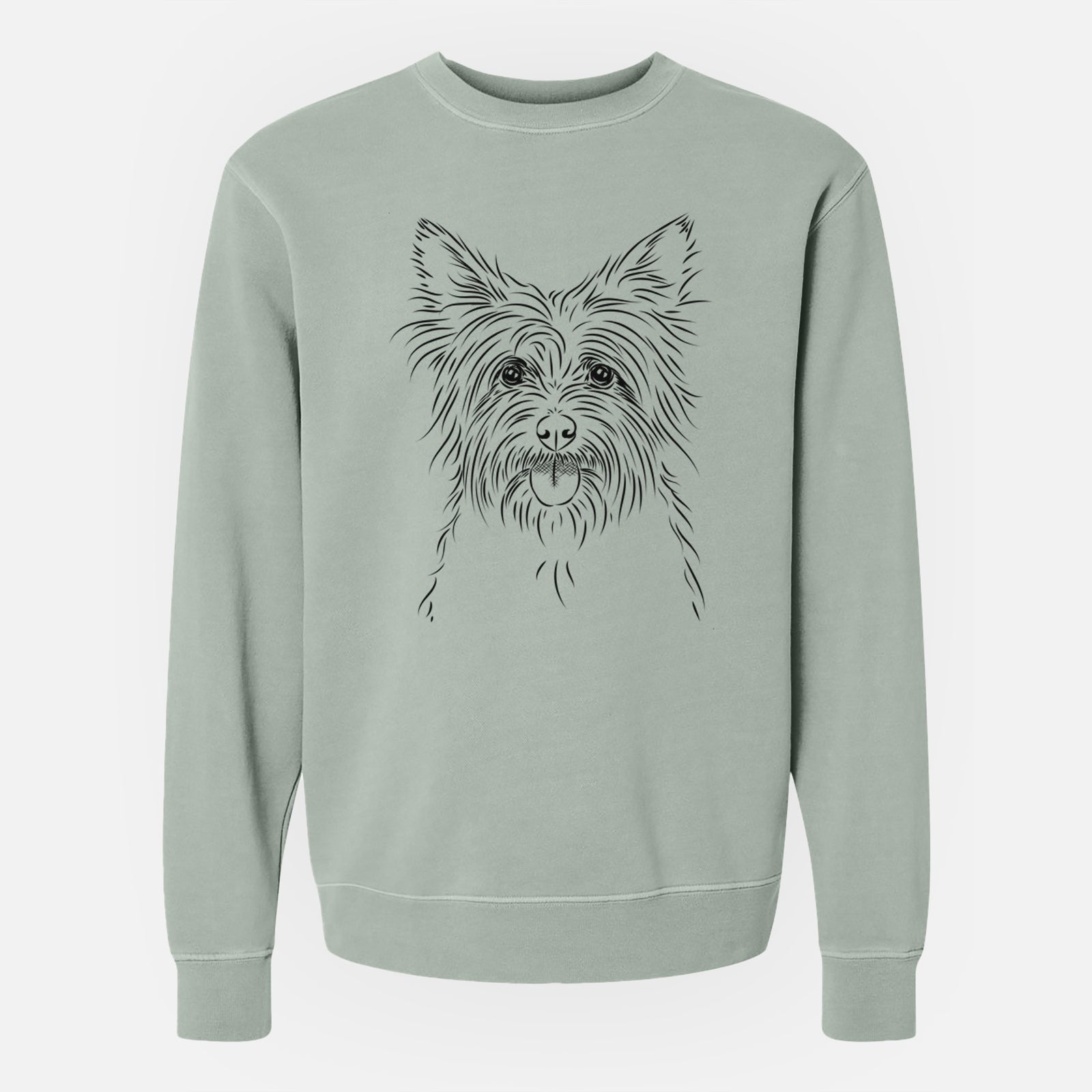 Hand-drawn sketch of Calum the Cairn Terrier on a Sage Unisex pigment dyed crew sweatshirt
