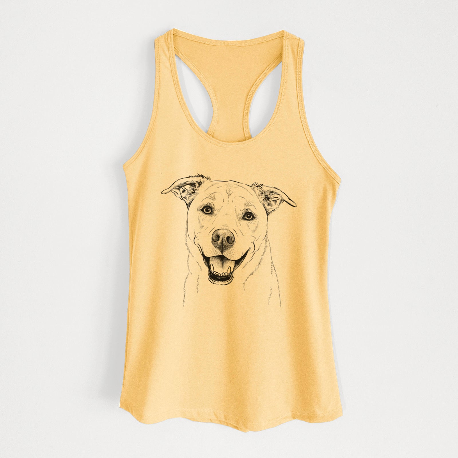 Hand-drawn sketch of Carl the Mixed Breed on a Banana Cream Women's racerback tanktop