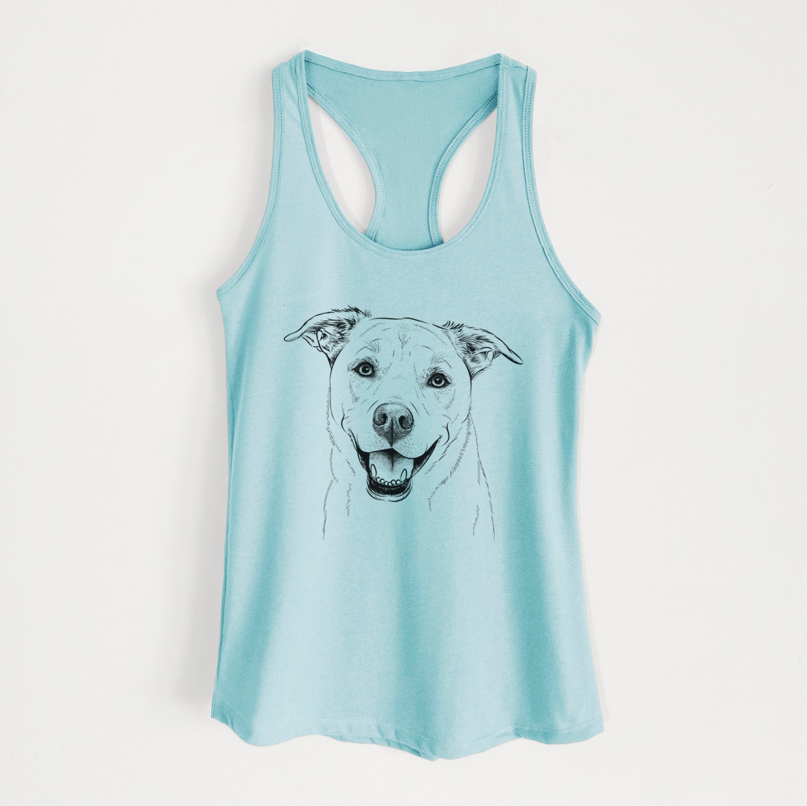 Hand-drawn sketch of Carl the Mixed Breed on a Cancun Blue Women's racerback tanktop