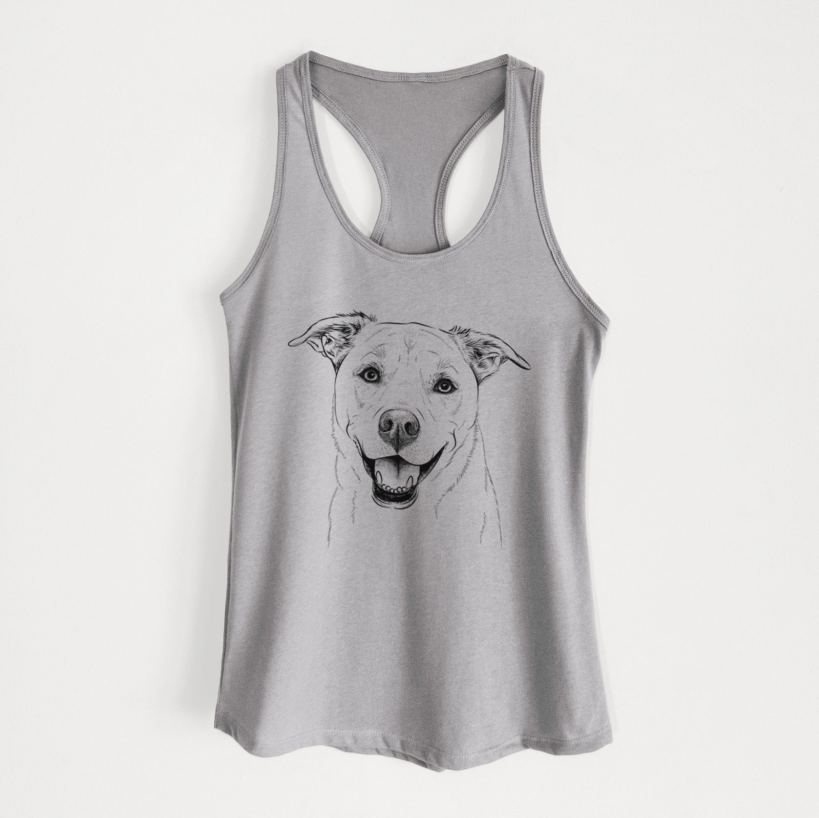 Hand-drawn sketch of Carl the Mixed Breed on a Heather Grey Women's racerback tanktop
