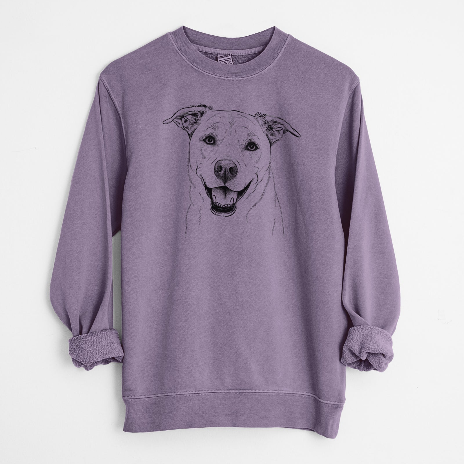 Hand-drawn sketch of Carl the Mixed Breed on a Plum Unisex pigment dyed crew sweatshirt