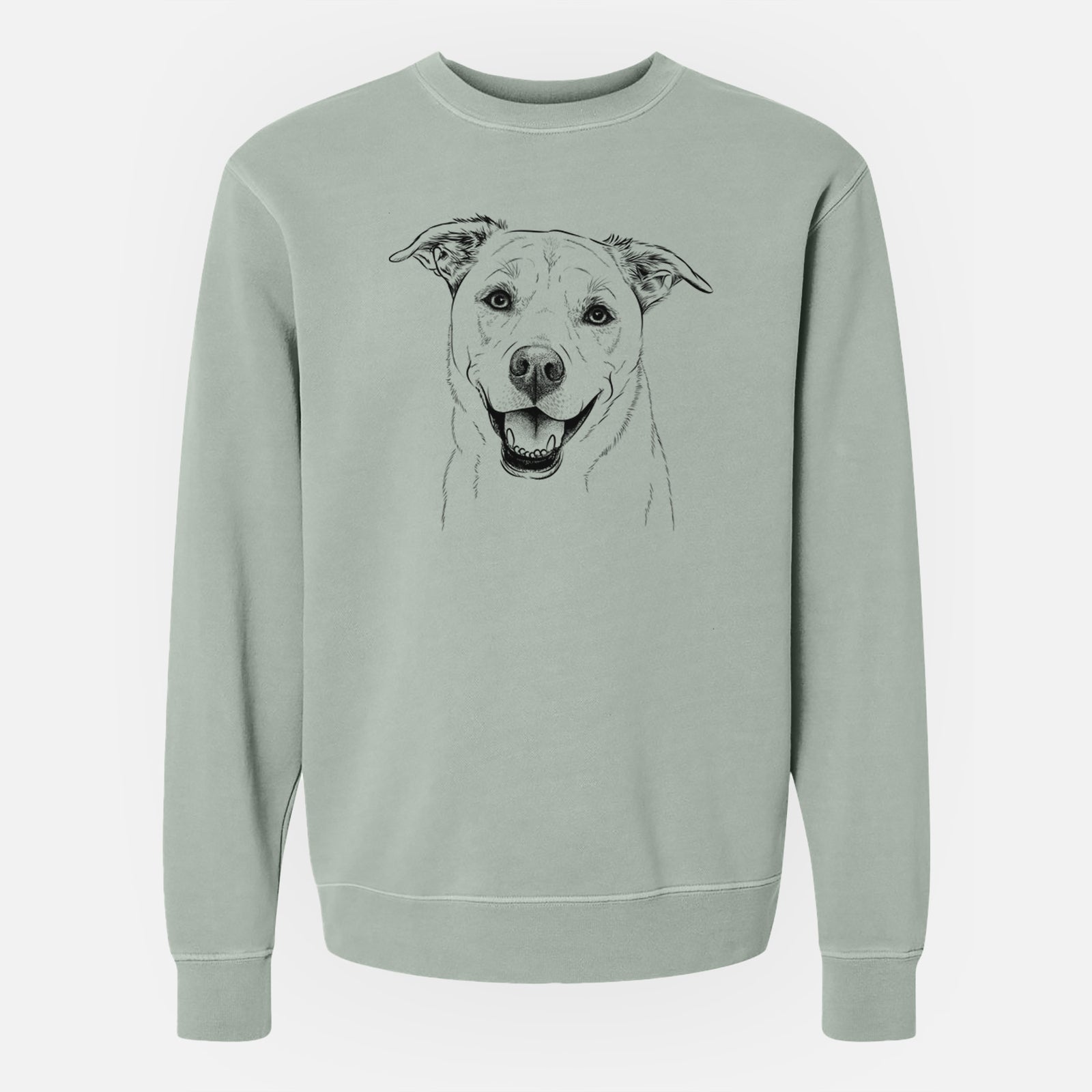 Hand-drawn sketch of Carl the Mixed Breed on a Sage Unisex pigment dyed crew sweatshirt