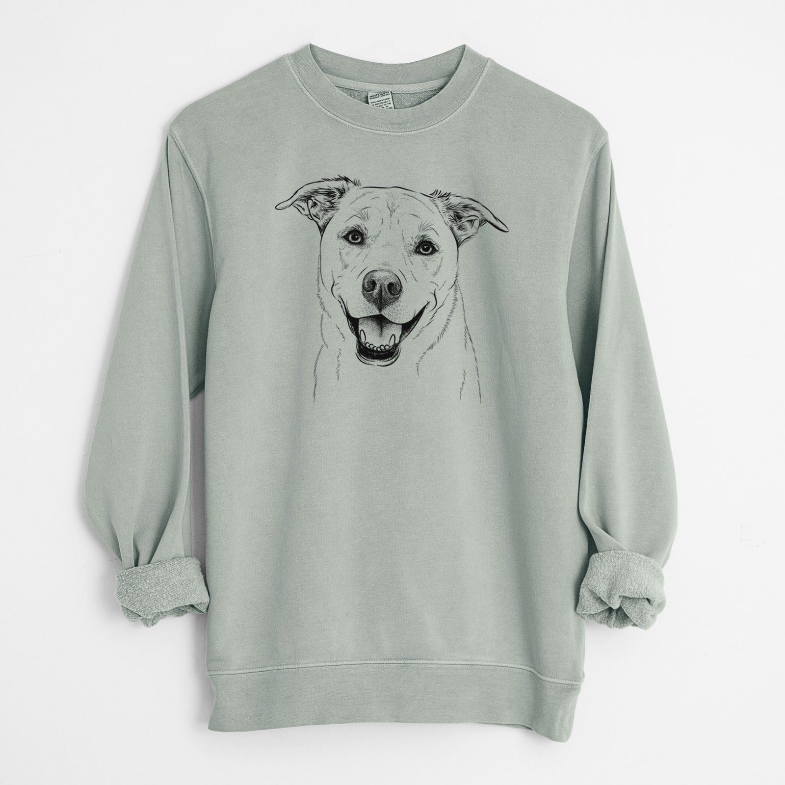 Hand-drawn sketch of Carl the Mixed Breed on a Sage Unisex pigment dyed crew sweatshirt