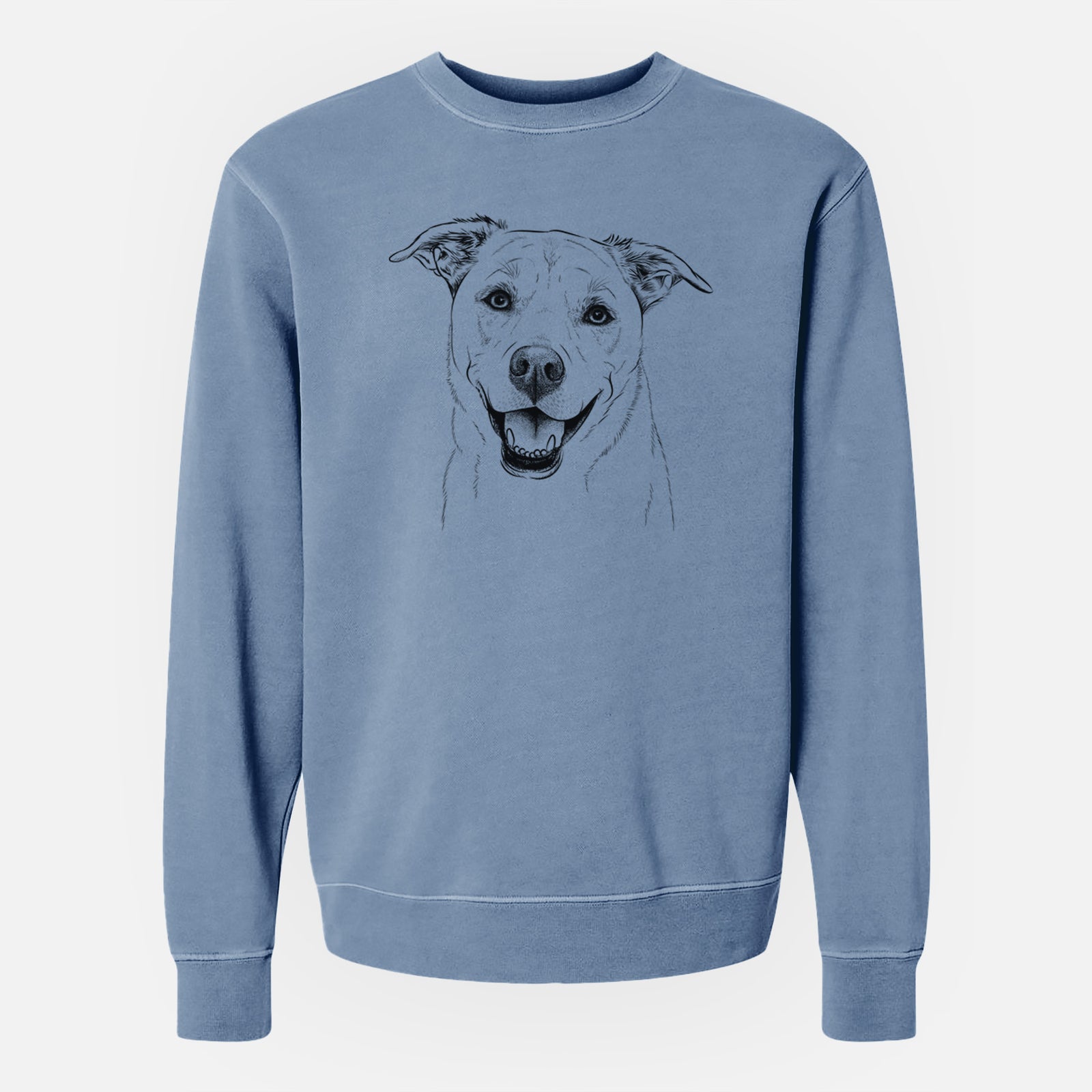 Hand-drawn sketch of Carl the Mixed Breed on a Slate Blue Unisex pigment dyed crew sweatshirt