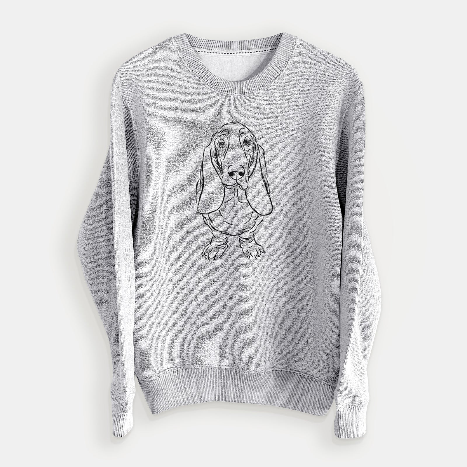 Hand-drawn sketch of Charlie the Basset Hound on a Salt Pepper knit sweatshirt
