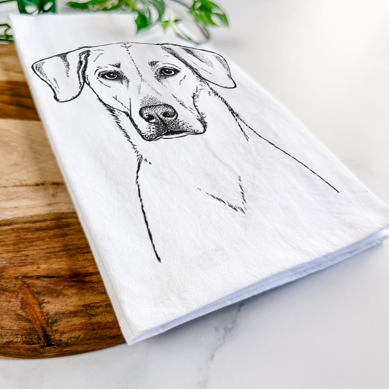 Hand-drawn sketch of Charlie Girl the Yellow Lab on a tea towel