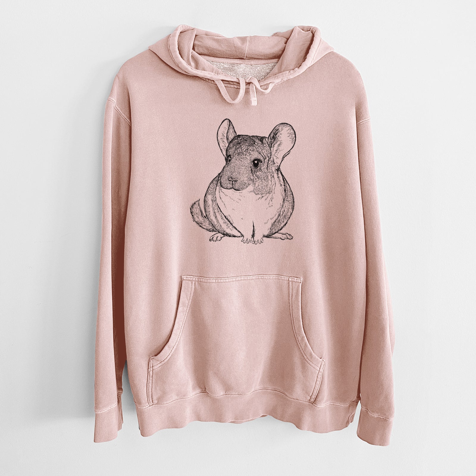Hand-drawn sketch of Cheddar the Chinchilla on a Dusty Pink Unisex pigment dyed hoodie