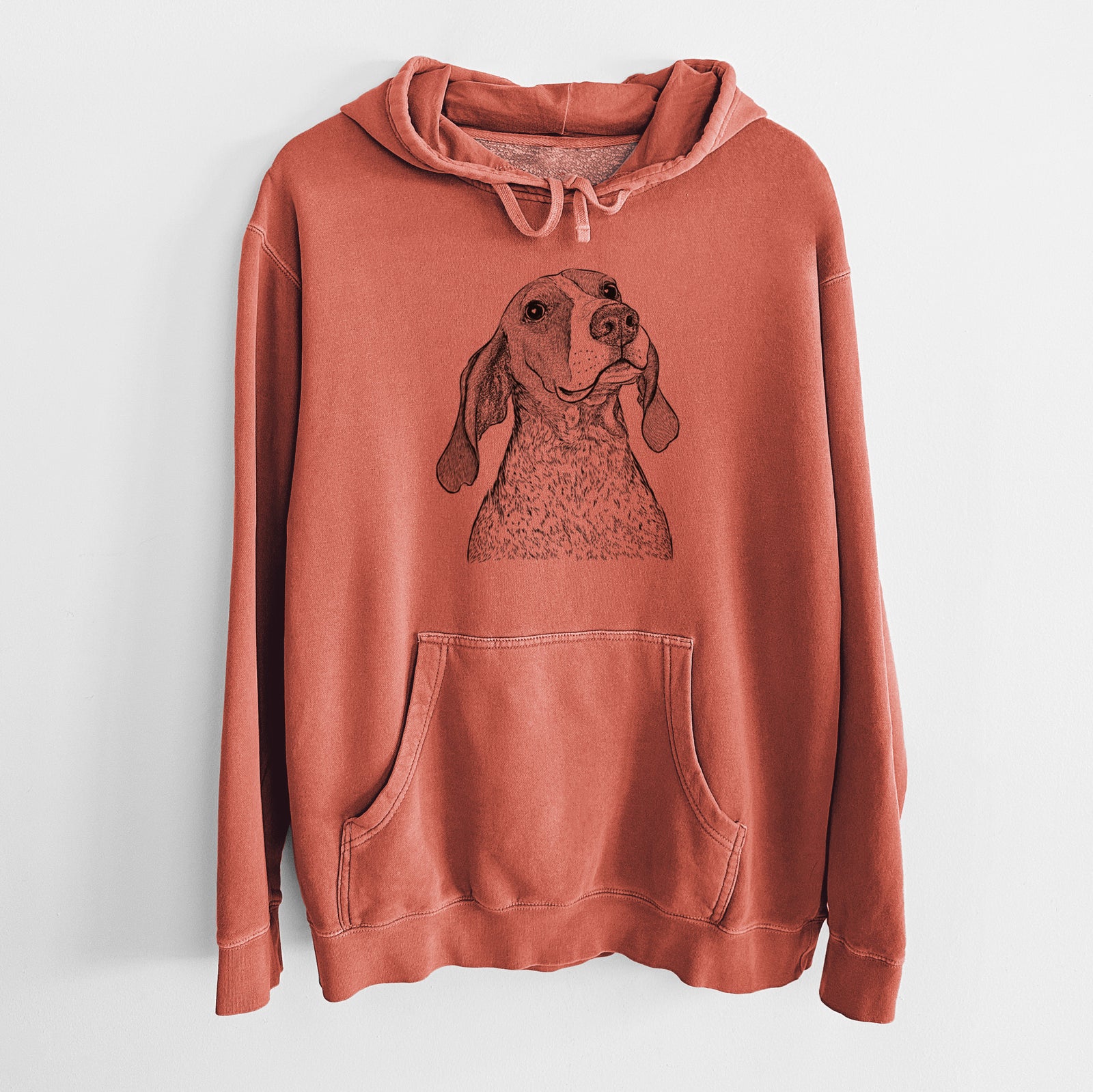 Hand-drawn sketch of Chester the Red Tick Coonhound on an Amber Unisex pigment dyed hoodie