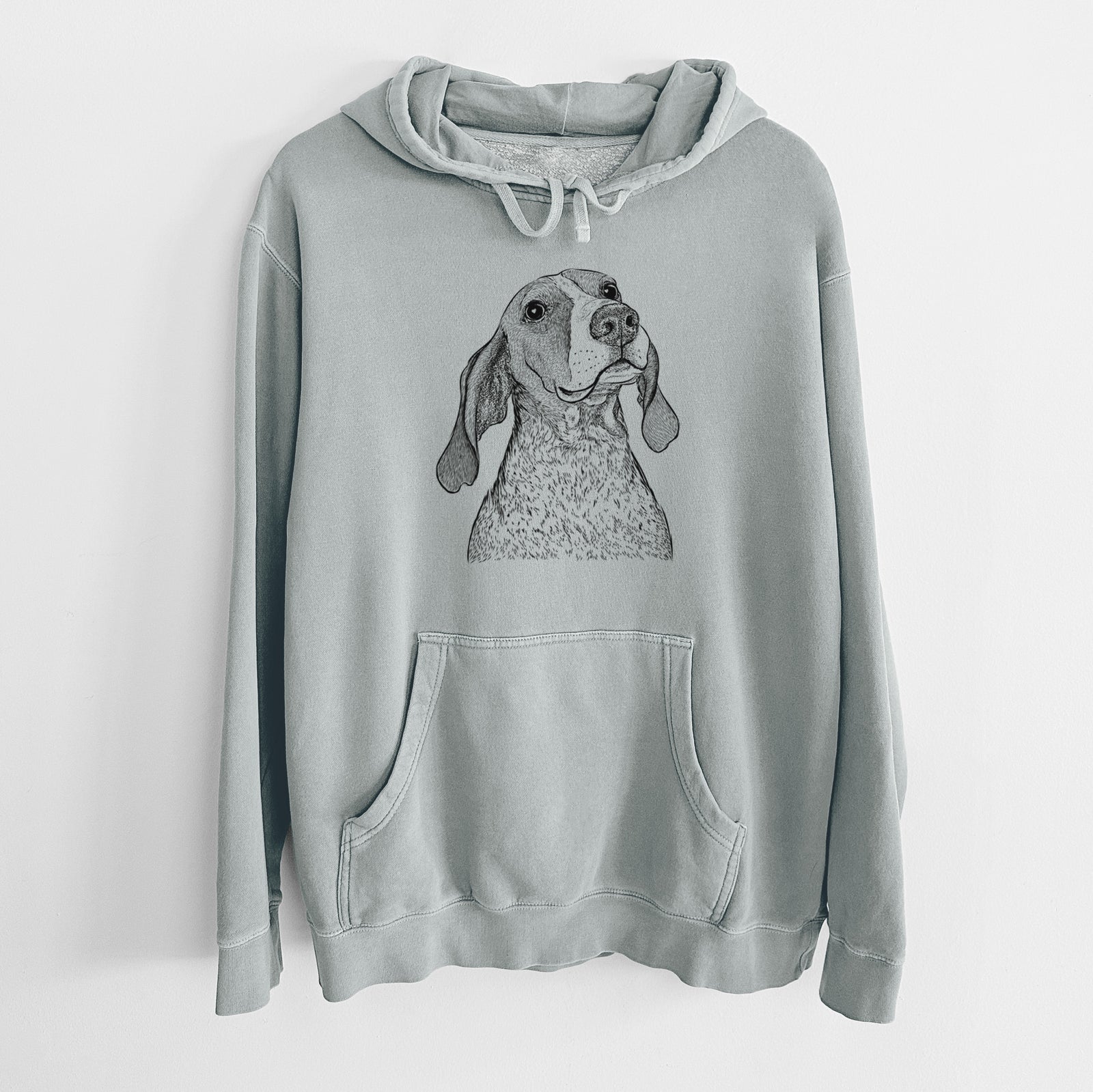 Hand-drawn sketch of Chester the Red Tick Coonhound on a Sage Unisex pigment dyed hoodie