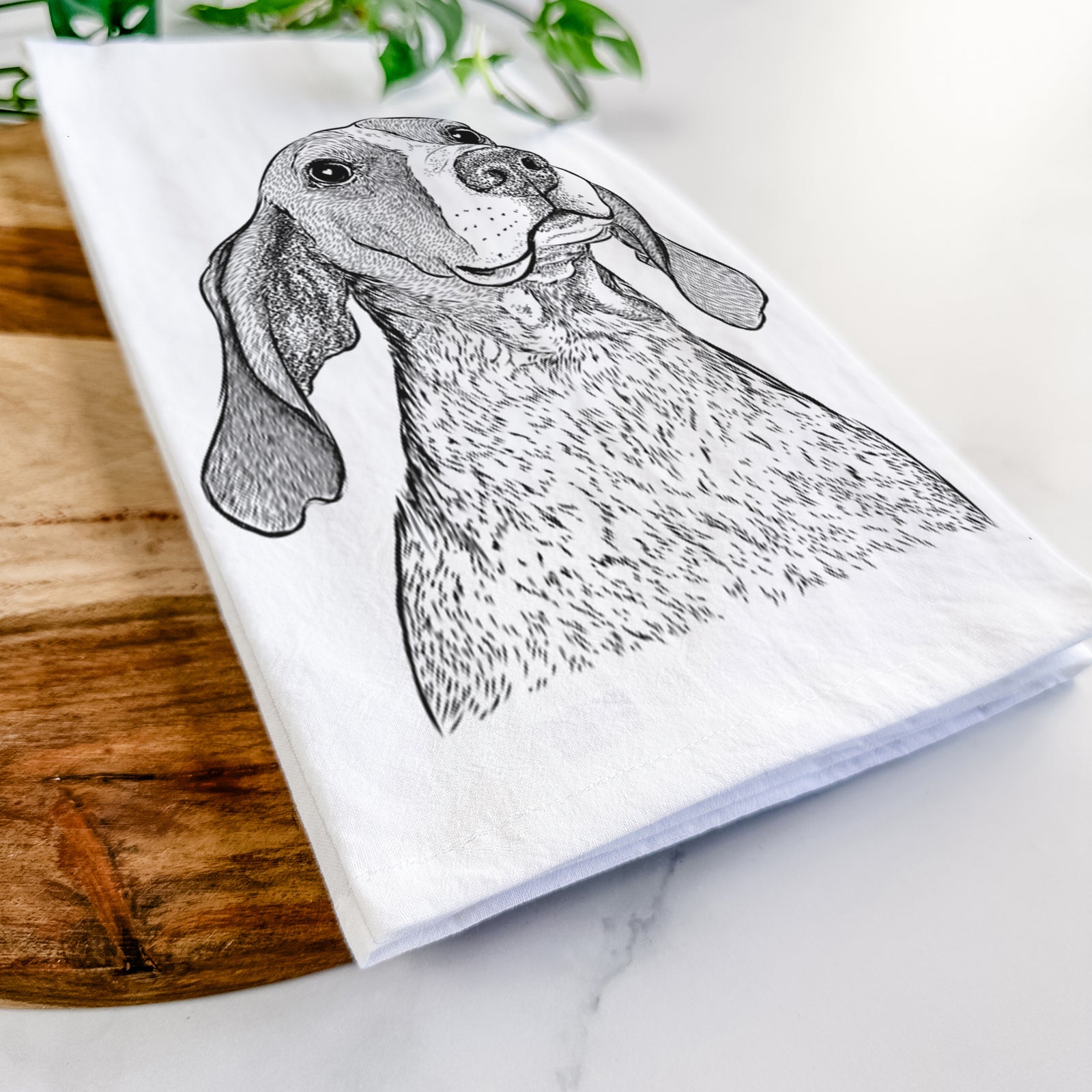 Hand-drawn sketch of Chester the Red Tick Coonhound on a tea towel