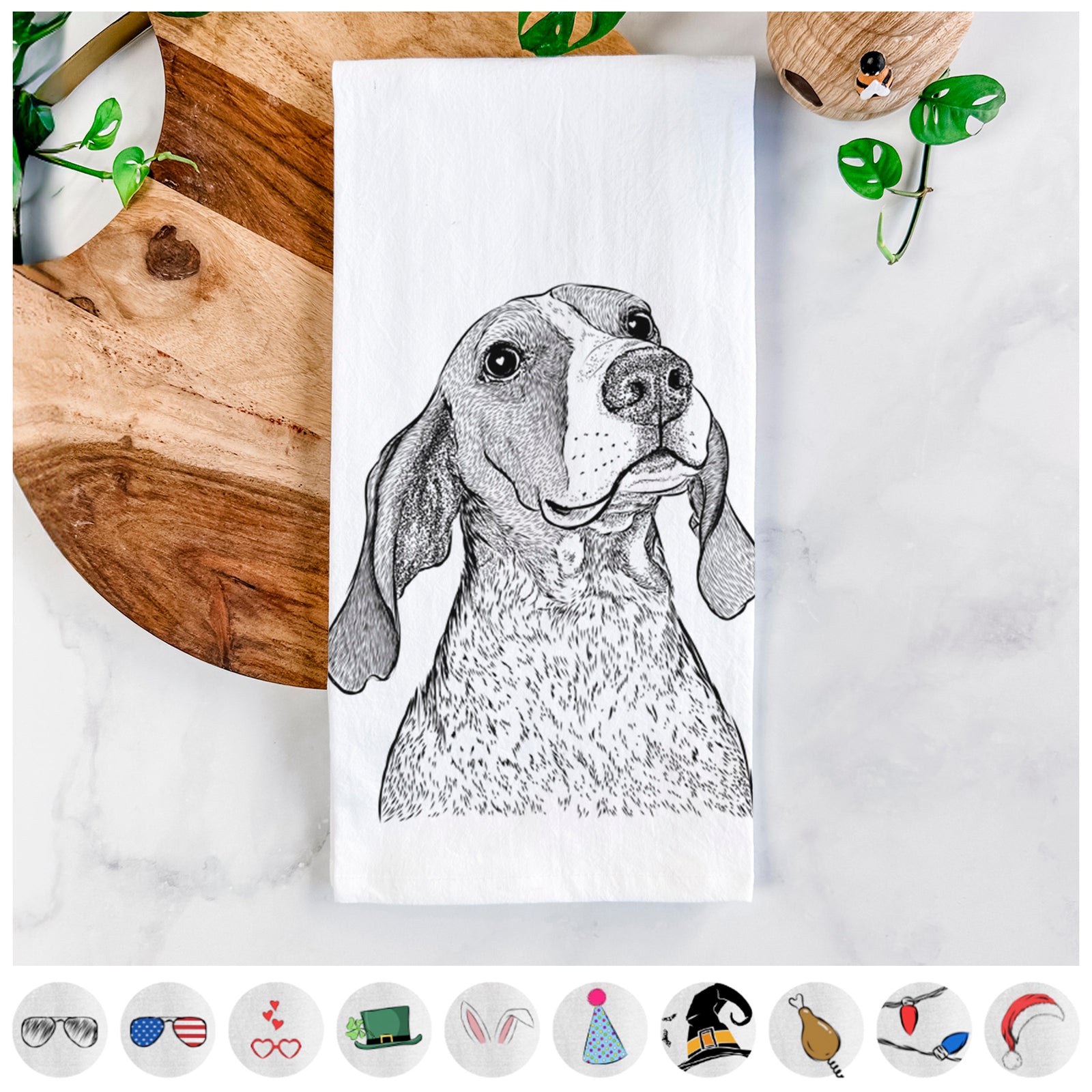 Hand-drawn sketch of Chester the Red Tick Coonhound on a tea towel, shown with icons of the other available costume styles