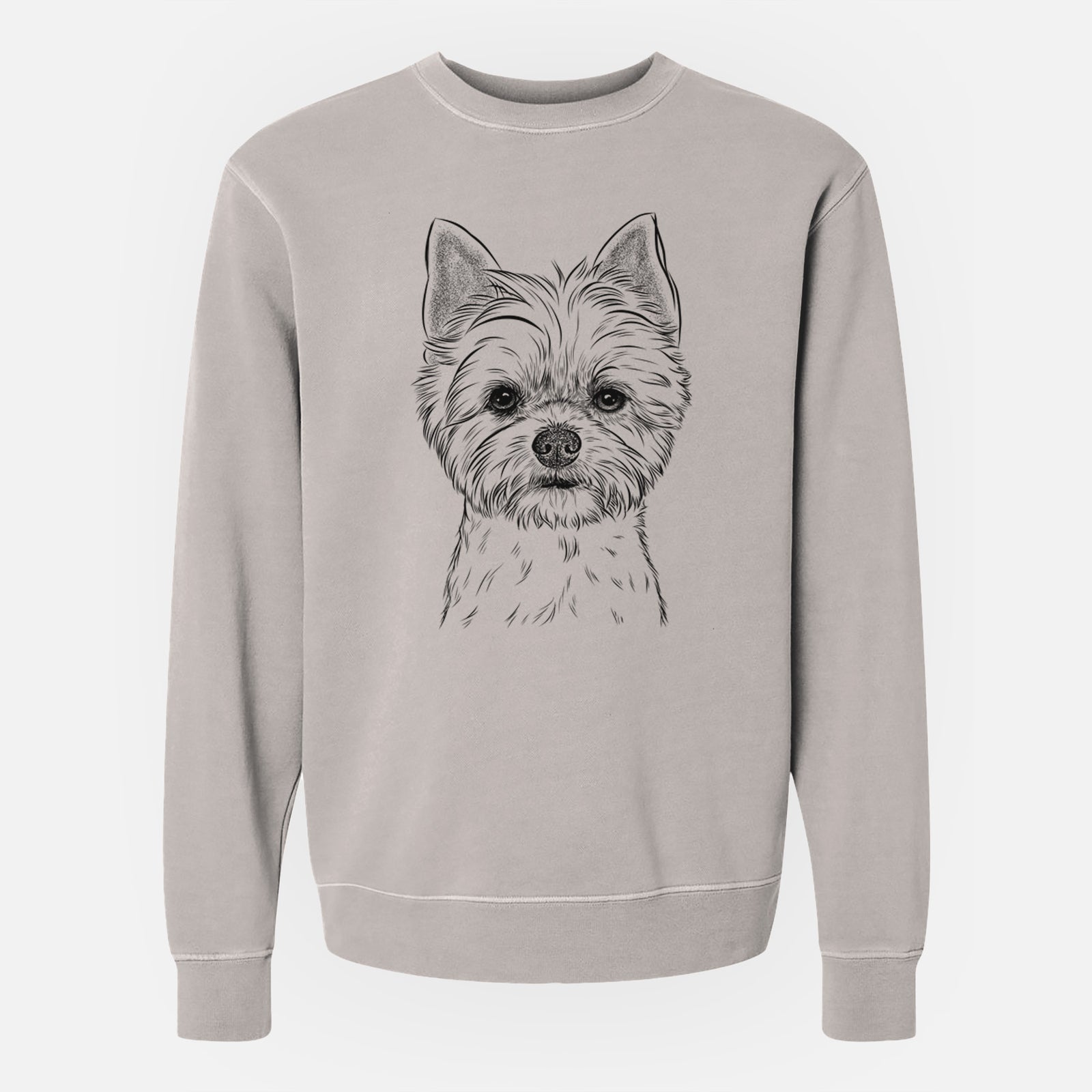 Hand-drawn sketch of Chewy the Yorkshire Terrier on a Cement Unisex pigment dyed crew sweatshirt
