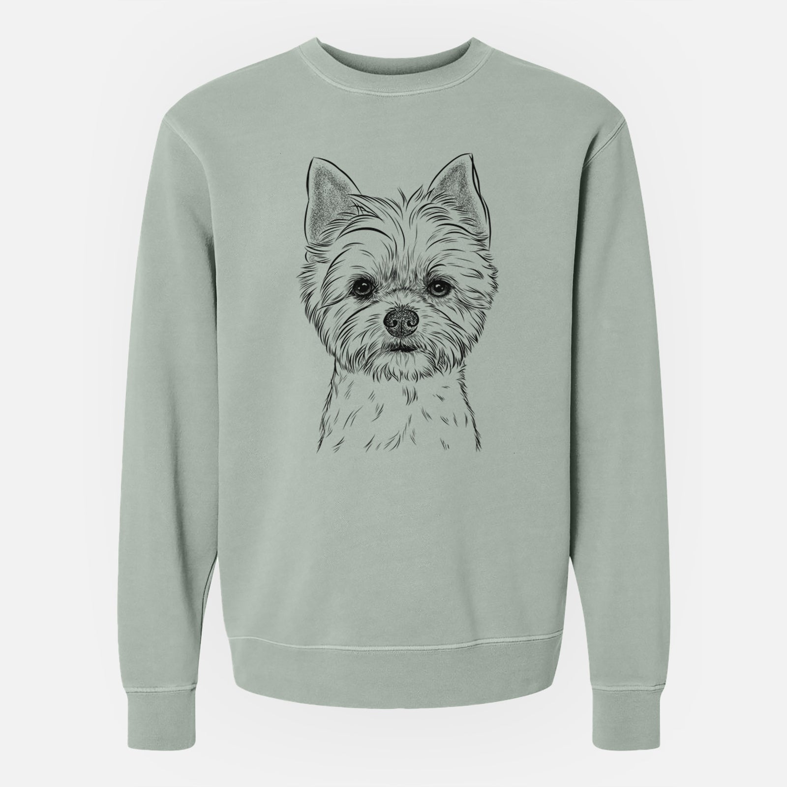 Hand-drawn sketch of Chewy the Yorkshire Terrier on a Sage Unisex pigment dyed crew sweatshirt