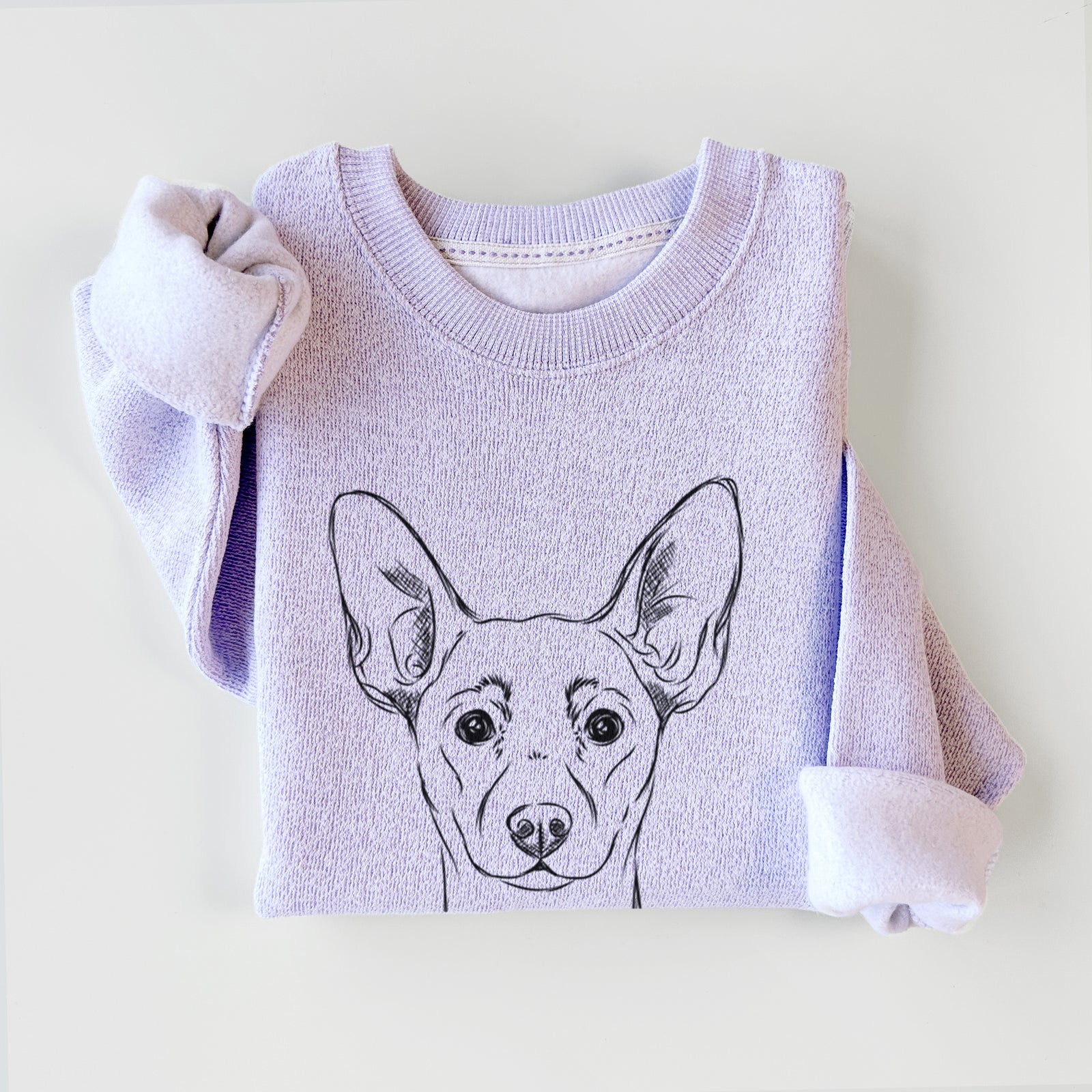 Hand-drawn sketch of Chillie the Mini Pinscher on an Ice Purple knit sweatshirt