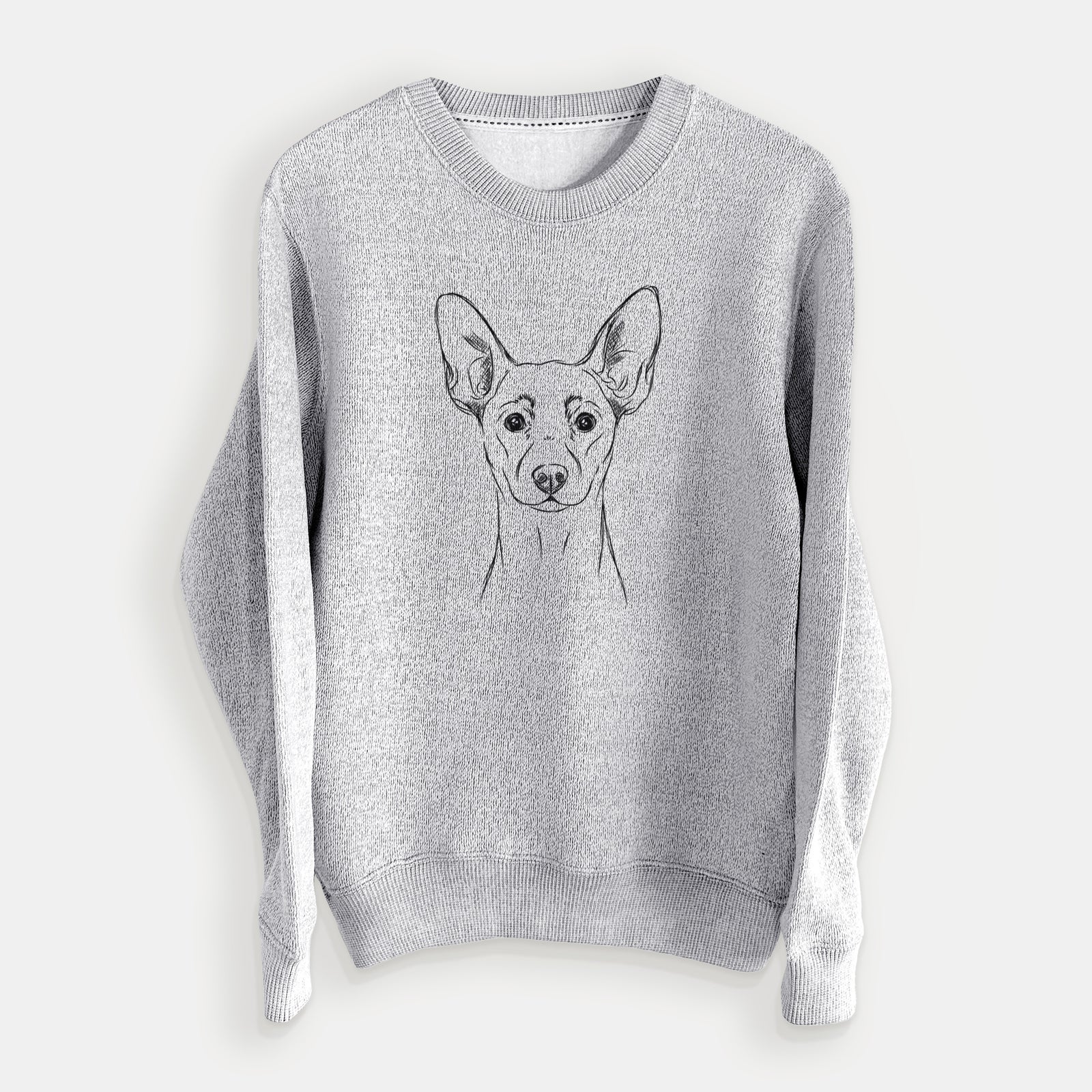 Hand-drawn sketch of Chillie the Mini Pinscher on a Salt Pepper knit sweatshirt