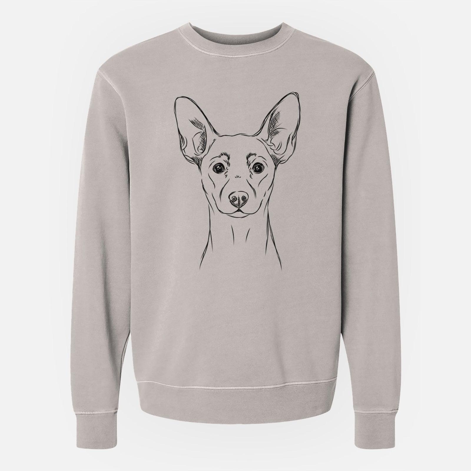 Hand-drawn sketch of Chillie the Mini Pinscher on a Cement Unisex pigment dyed crew sweatshirt