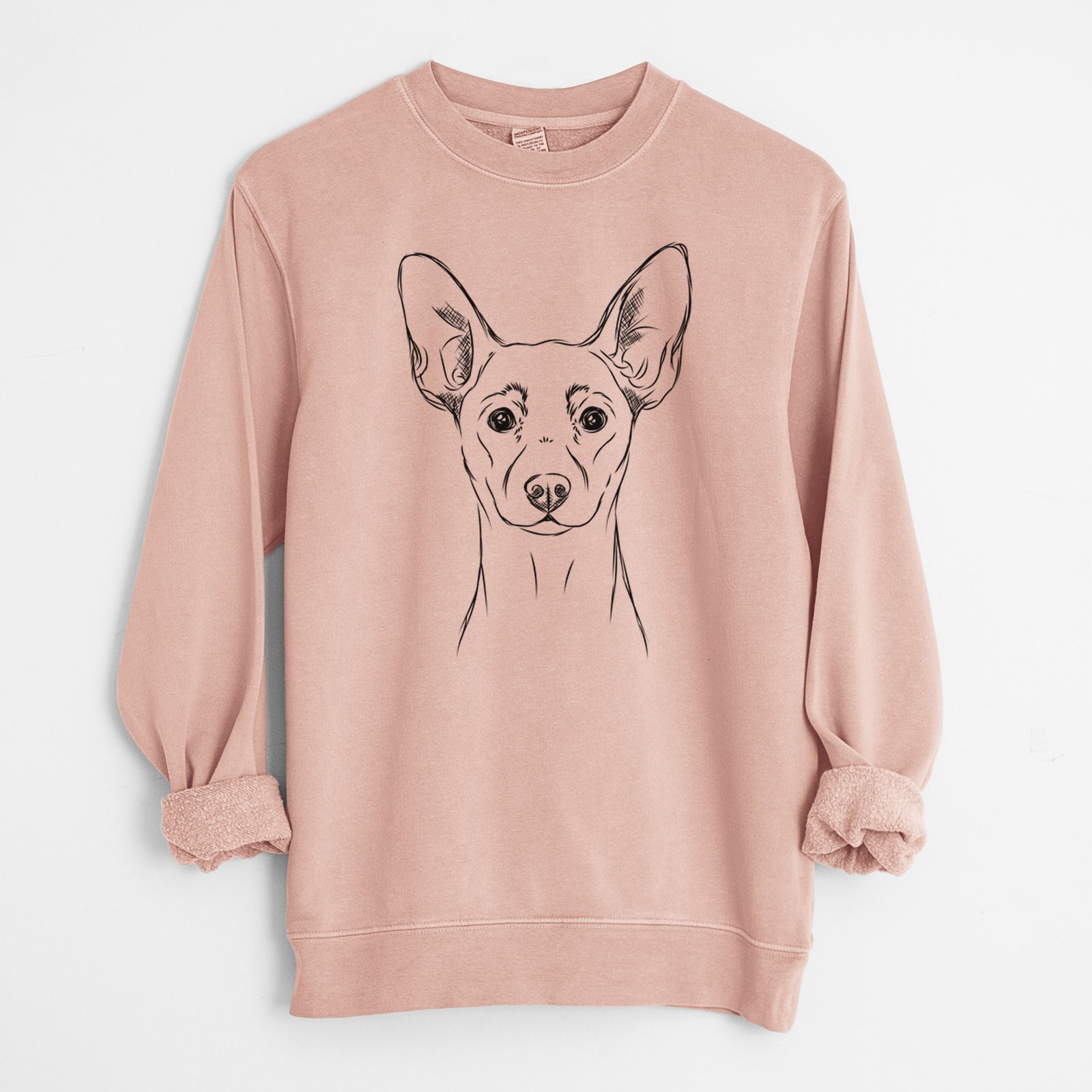 Hand-drawn sketch of Chillie the Mini Pinscher on a Dusty Pink Unisex pigment dyed crew sweatshirt