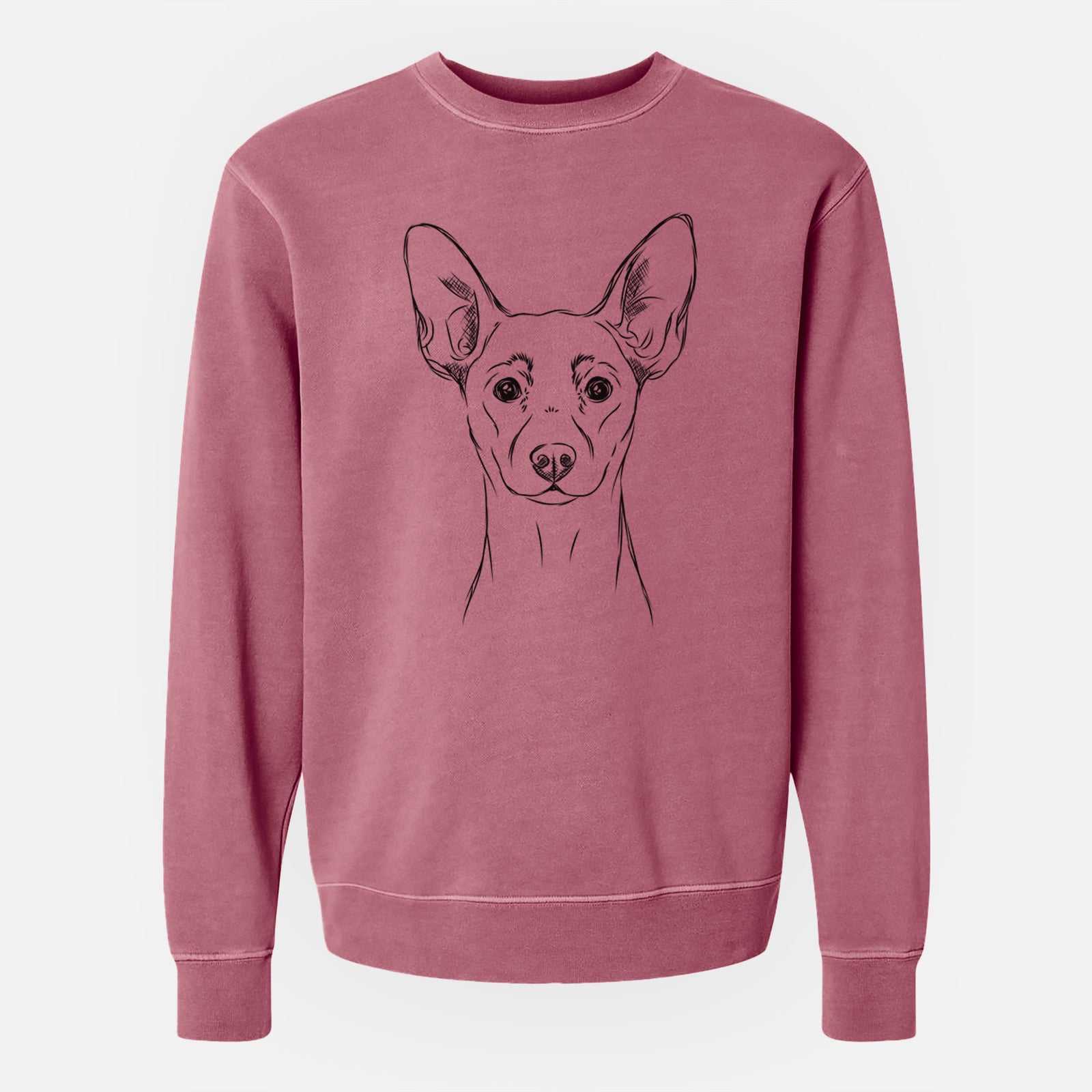 Hand-drawn sketch of Chillie the Mini Pinscher on a Maroon Unisex pigment dyed crew sweatshirt