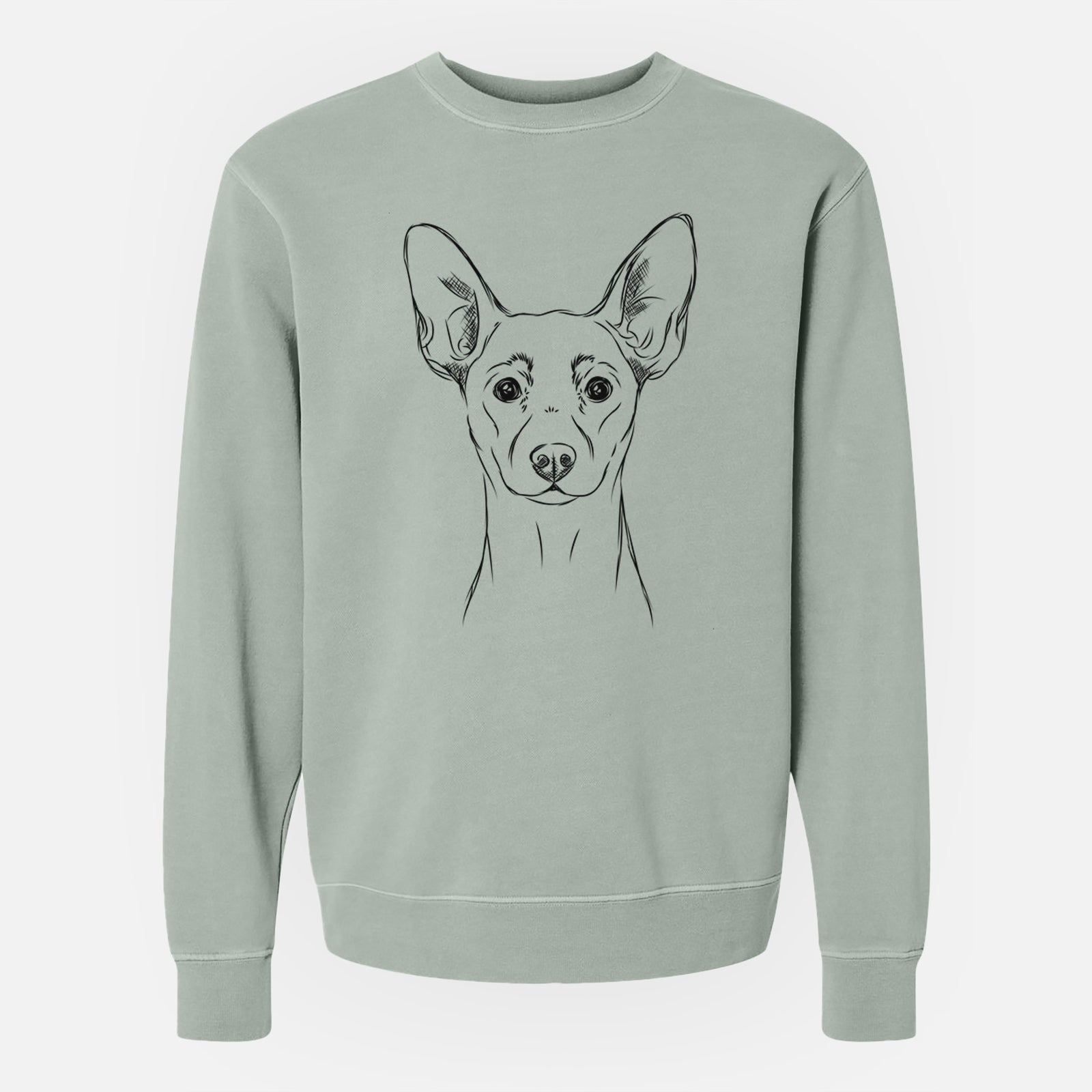 Hand-drawn sketch of Chillie the Mini Pinscher on a Sage Unisex pigment dyed crew sweatshirt